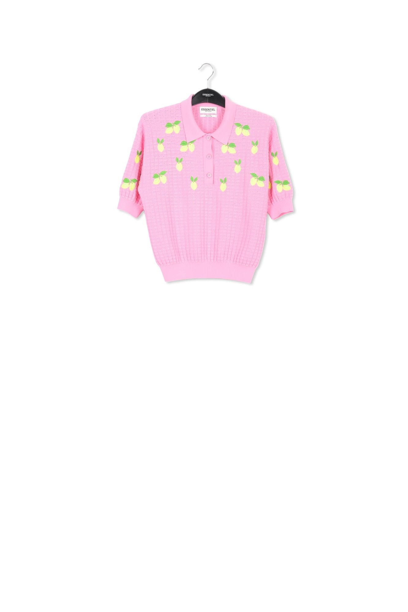 Pink knitted polo top with lemon embroideries RE—SSENTIEL | Essentiel second hand
