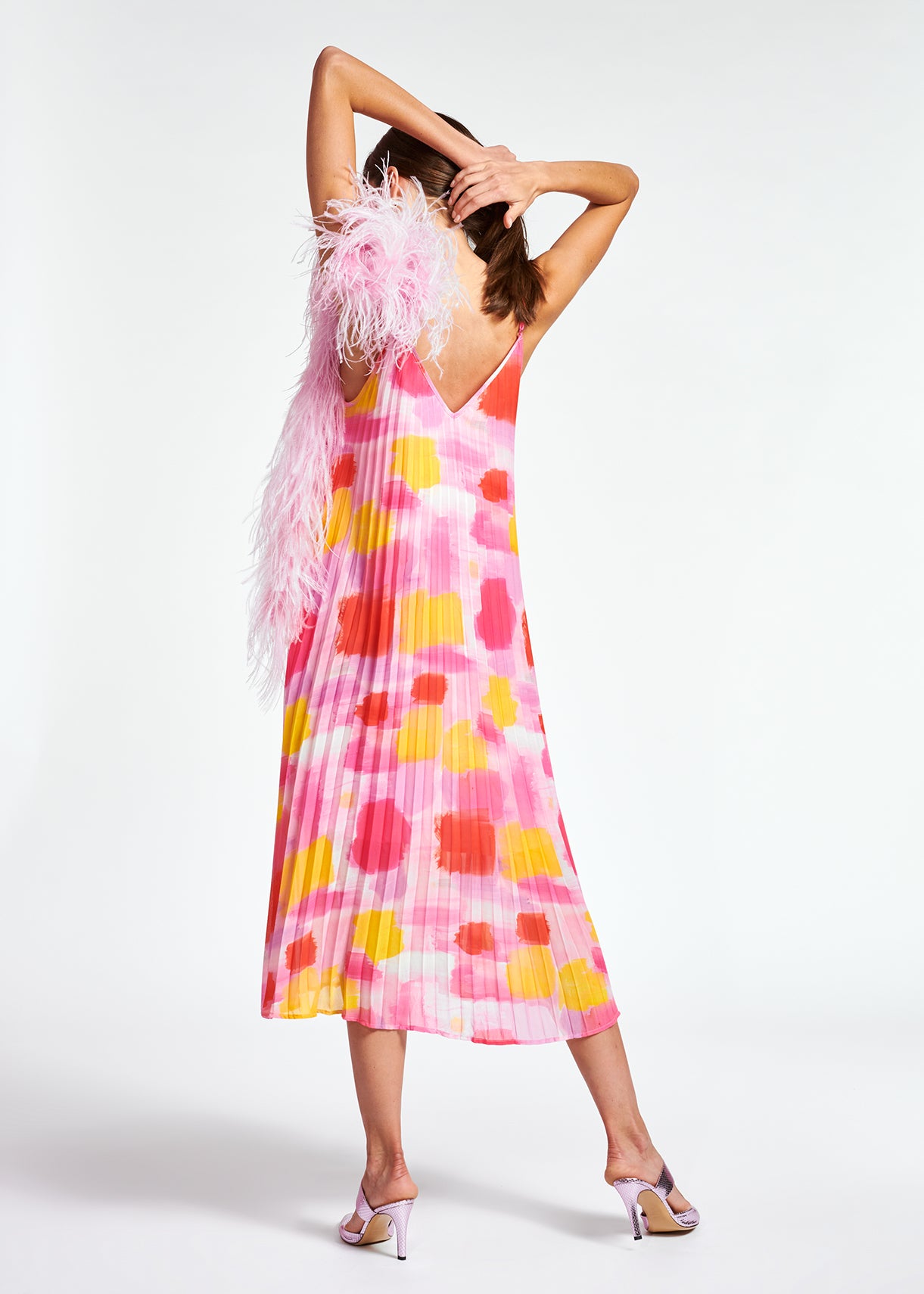 Pink and yellow plissé midi-length dress RE—SSENTIEL | Essentiel second hand