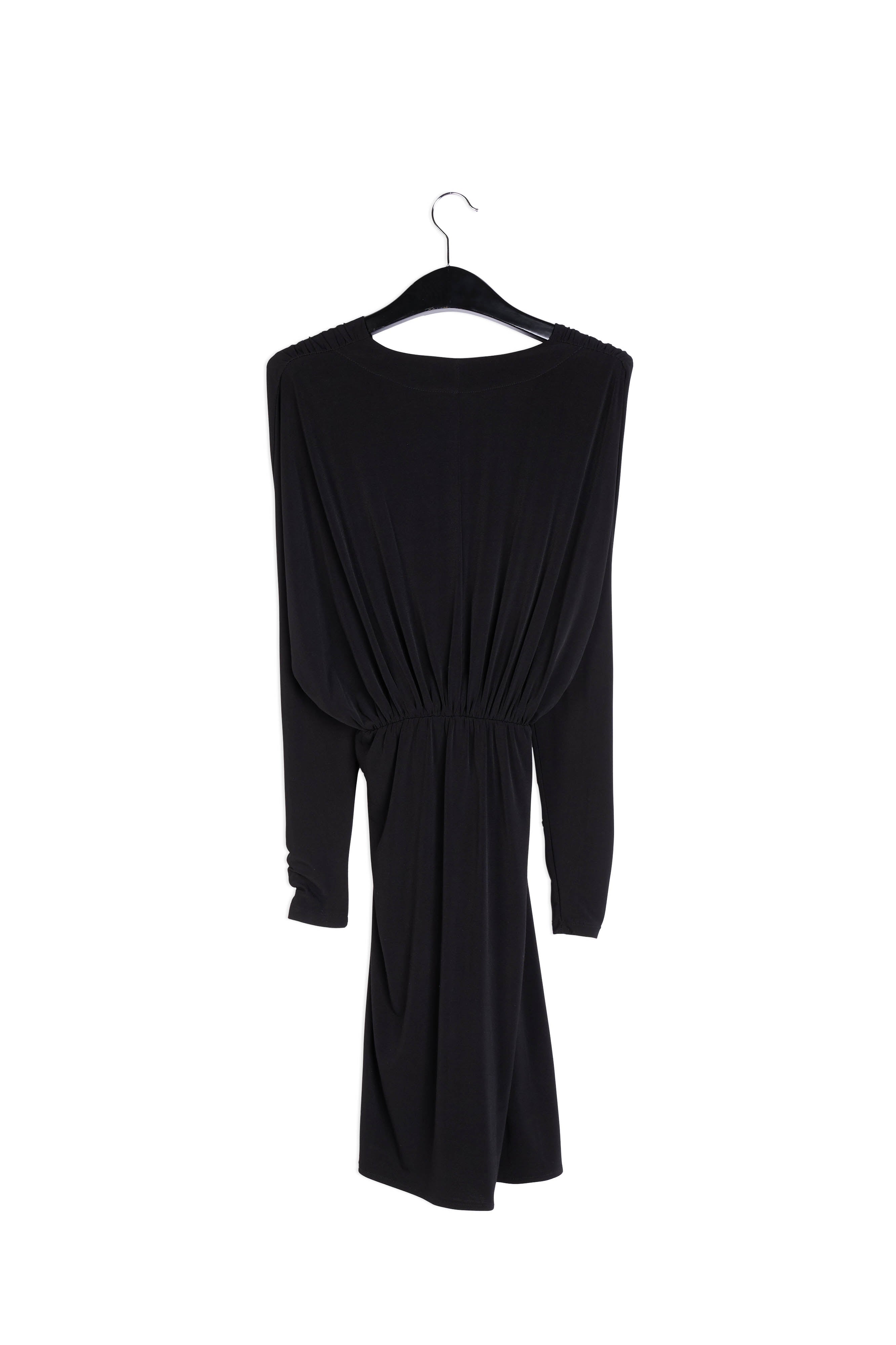 Zwarte aansluitende wikkeljurk met gedrapeerd detail RE—SSENTIEL | Essentiel second hand