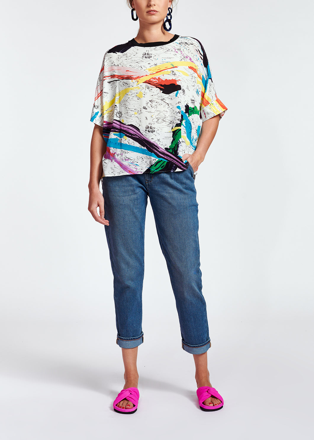 Gebroken witte boxy top met verfstrepen RE—SSENTIEL | Essentiel second hand