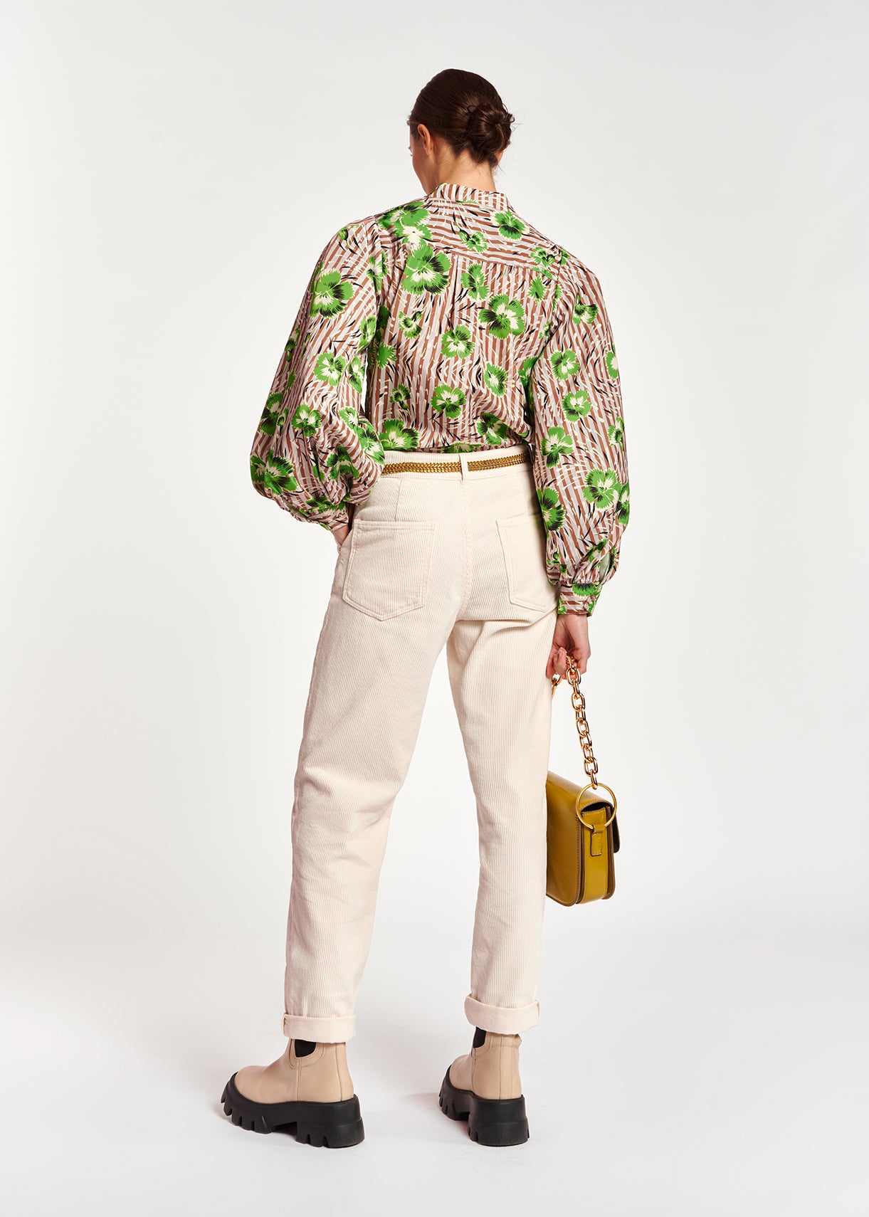 Stripe and green floral print puffed-sleeve top RE—SSENTIEL | Essentiel second hand