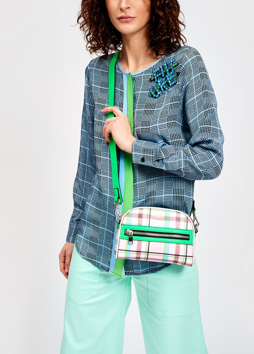 Large check blue print blouse with contrasting stripe RE—SSENTIEL | Essentiel second hand