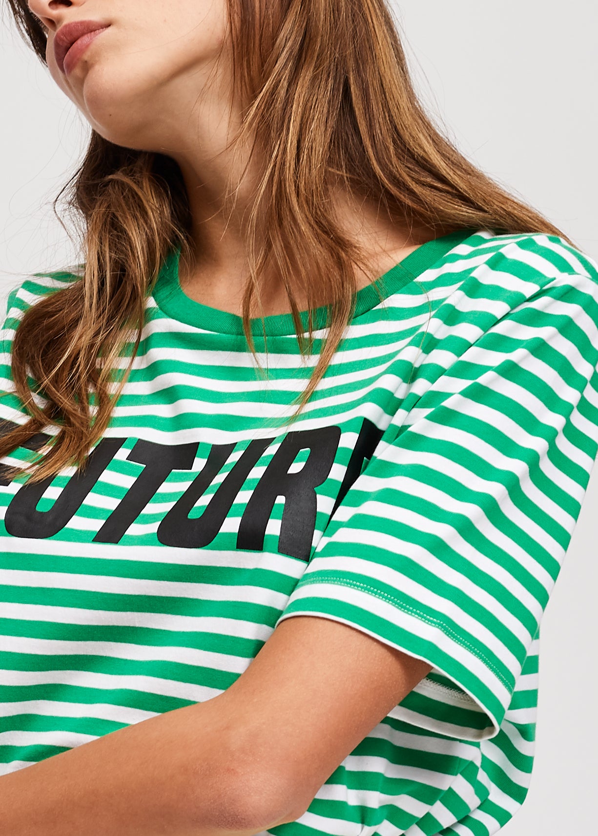 Green and white striped t-shirt with future print RE—SSENTIEL | Essentiel second hand