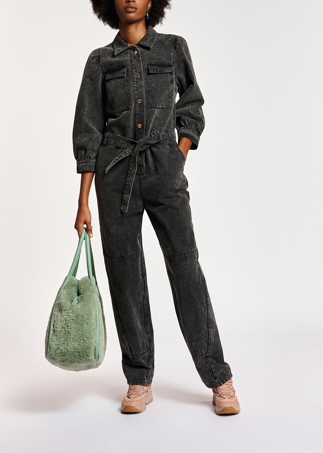 Dark grey belted denim jumpsuit RE—SSENTIEL | Essentiel second hand