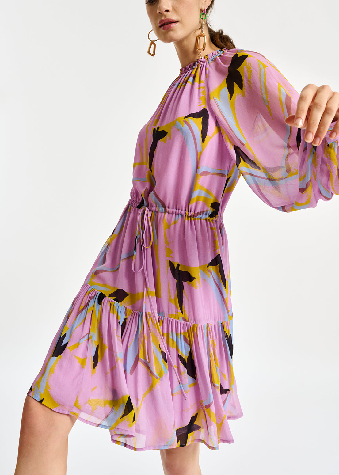 Mini-robe lilas à imprimé abstrait et manches bouffantes RE—SSENTIEL | Essentiel second hand