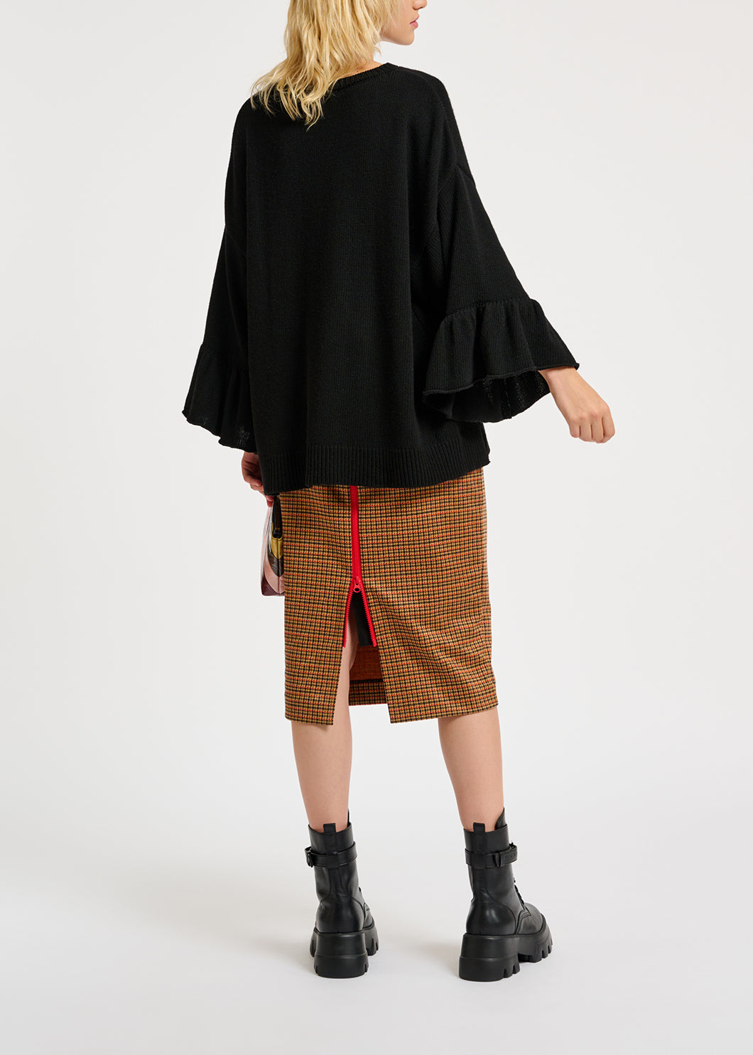 Kokerrok met gebroken wit en oranje pied-de-poule RE—SSENTIEL | Essentiel second hand