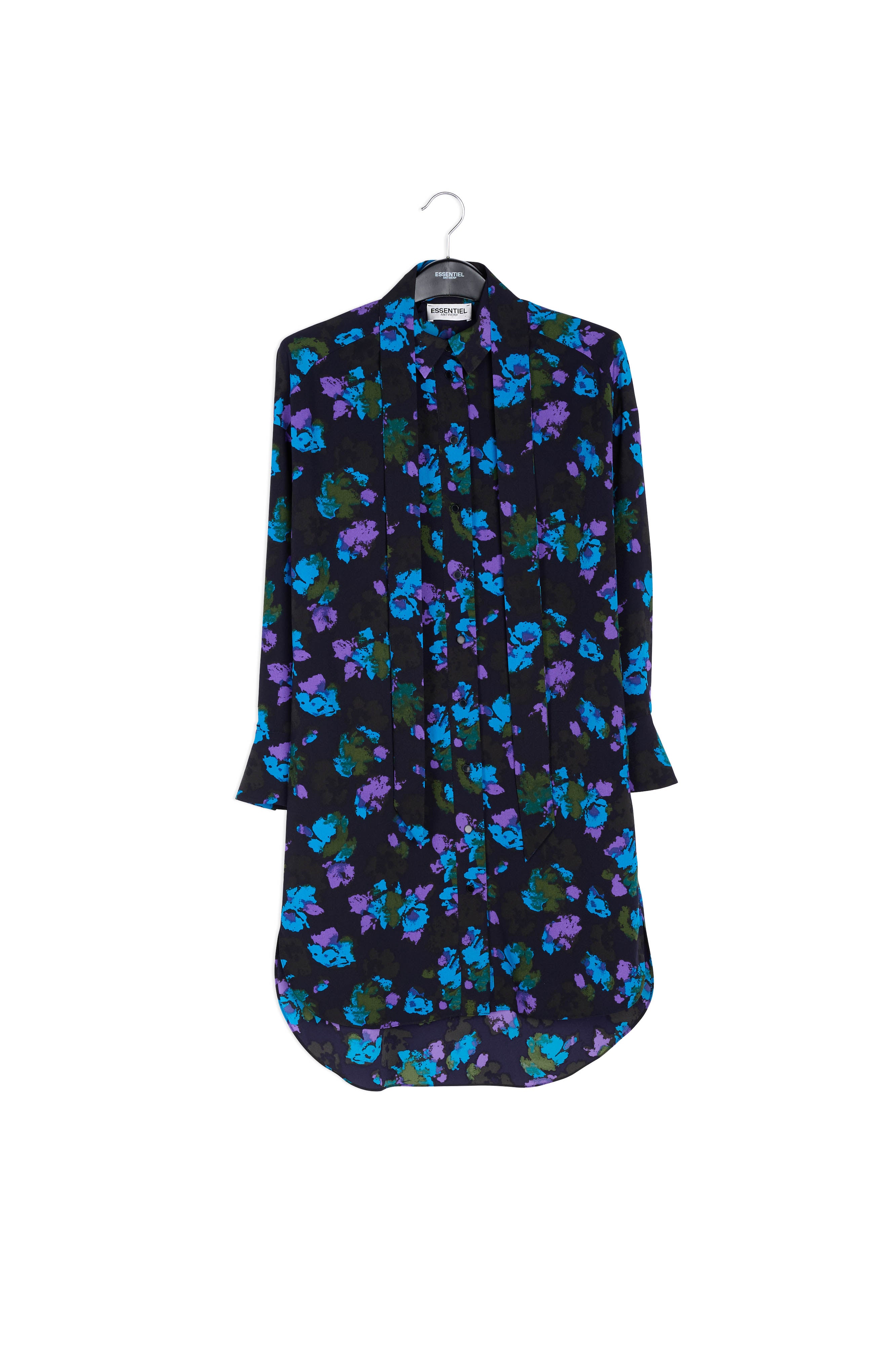 Midi-hemdjurk met zwart en blauwe bloemenprint RE—SSENTIEL | Essentiel second hand