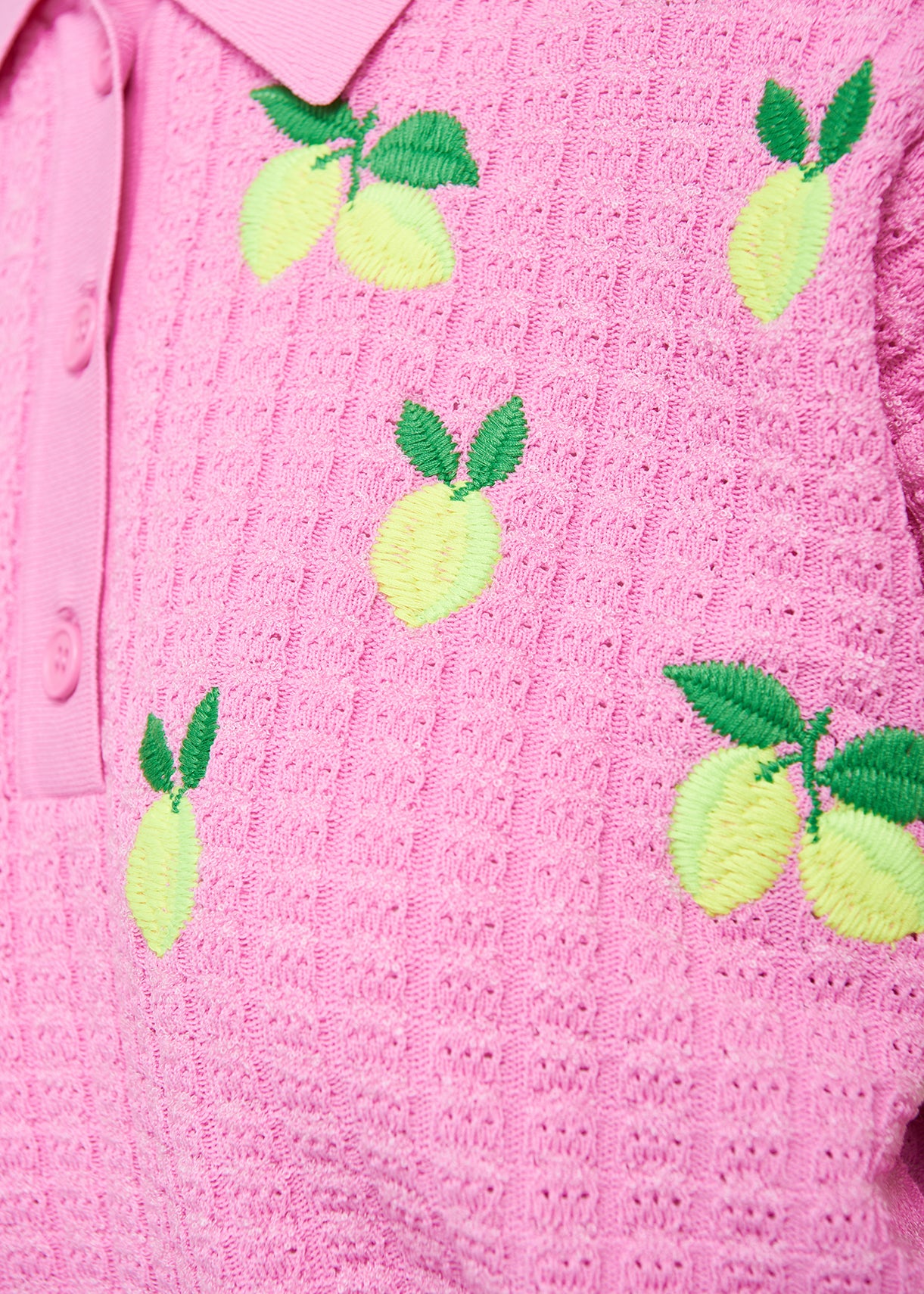 Pink knitted polo top with lemon embroideries RE—SSENTIEL | Essentiel second hand