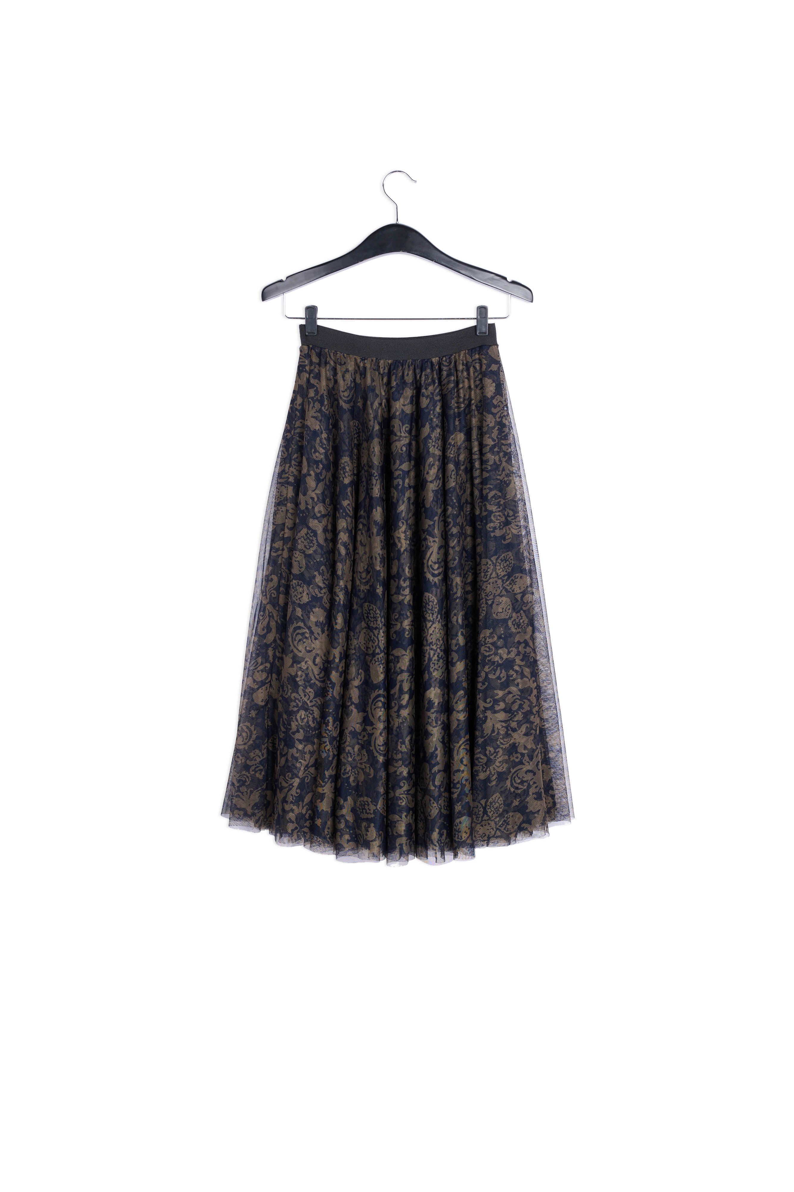 Jupe midi tulle noire et vert kaki à imprimé brocart RE—SSENTIEL | Essentiel second hand