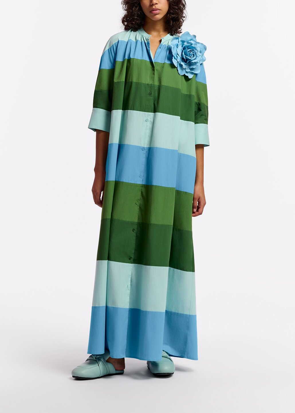 Robe maxi en coton bleu clair, bleue et verte RE—SSENTIEL | Essentiel second hand