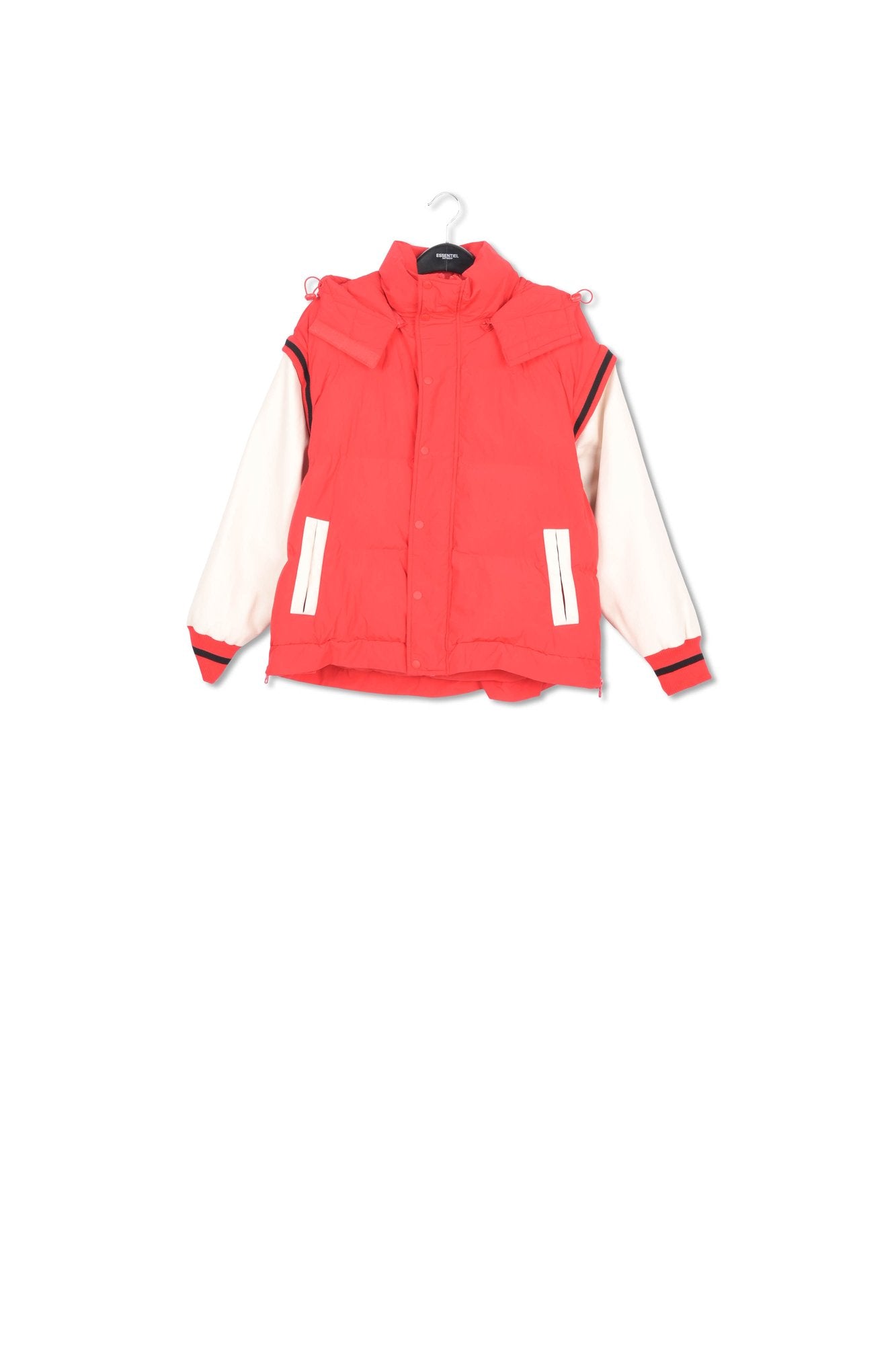 Doudoune rouge à capuche et manches en faux cuir RE—SSENTIEL | Essentiel second hand