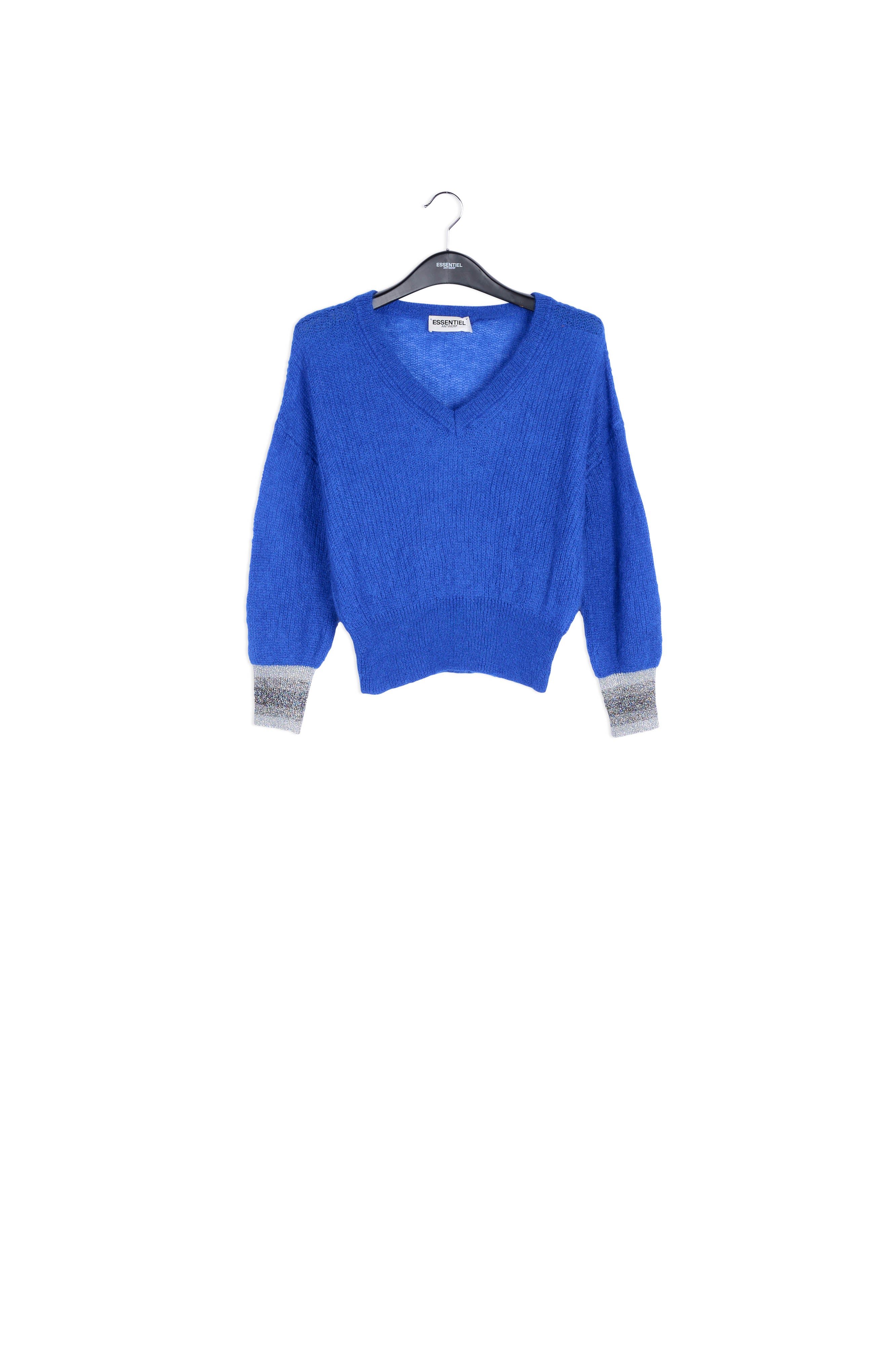 Cobalt blue mohair-blend v-neck sweater with metallic cuffs RE—SSENTIEL | Essentiel second hand