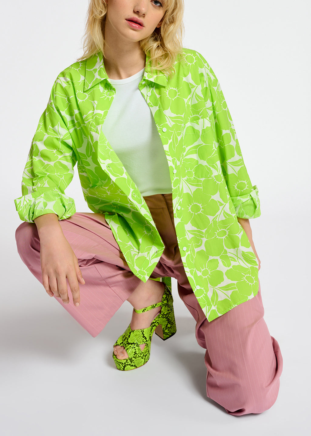 Lime green and white cotton shirt with floral print RE—SSENTIEL | Essentiel second hand