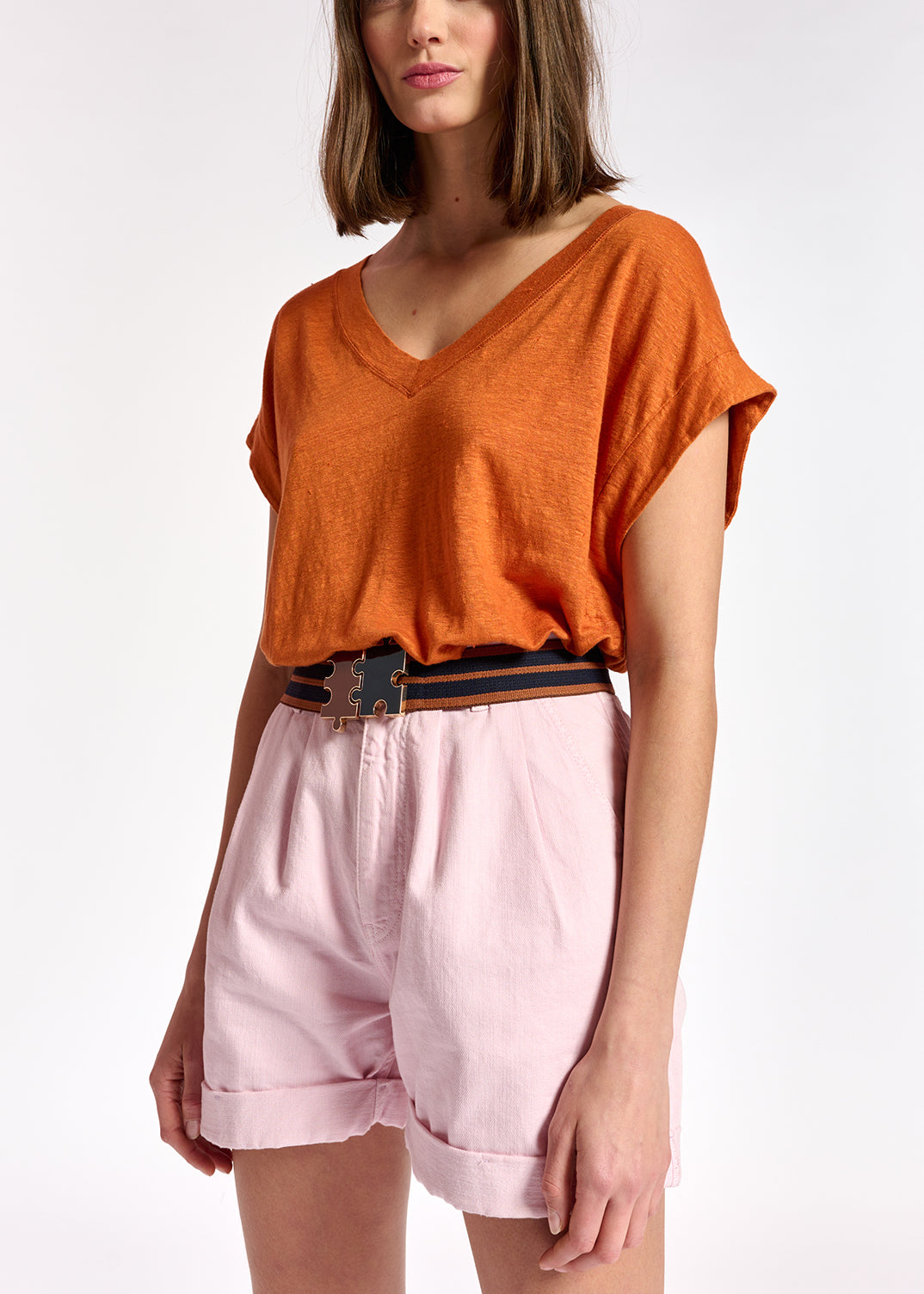 Orange linen v-neck t-shirt RE—SSENTIEL | Essentiel second hand