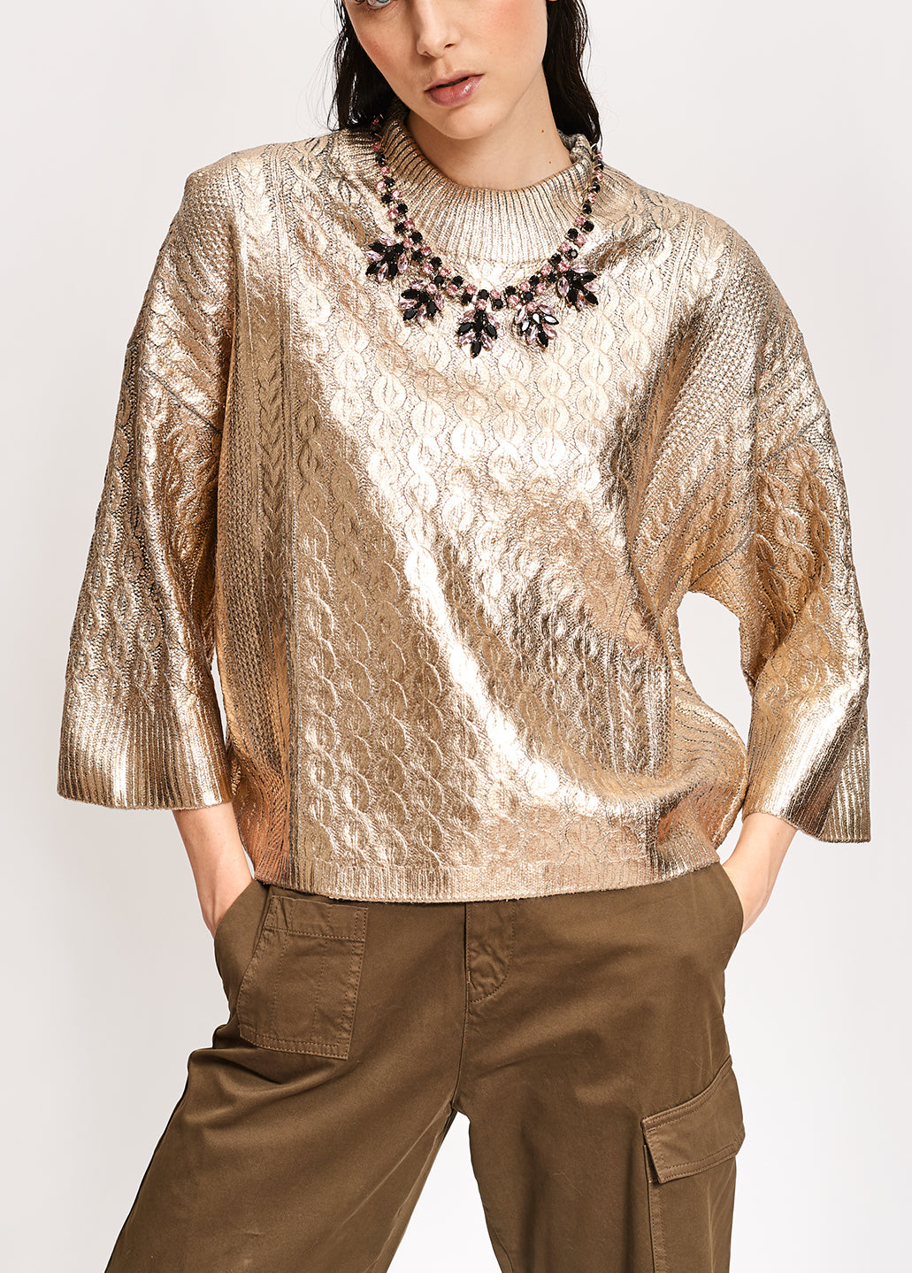 Gold metallic cable-knit sweater RE—SSENTIEL | Essentiel second hand