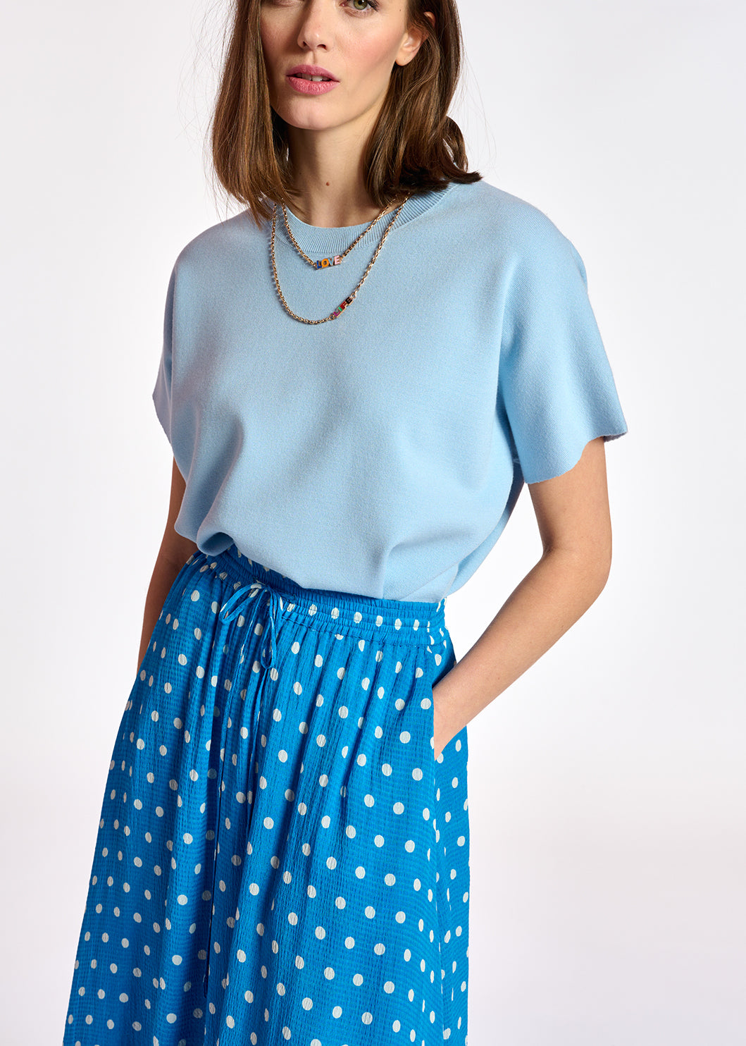 Blue and white polka-dotted midi skirt RE—SSENTIEL | Essentiel second hand