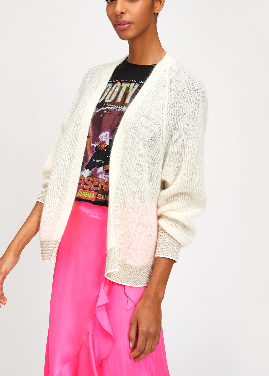 Off-white ribbed open cardigan with accentuated trims RE—SSENTIEL | Essentiel second hand