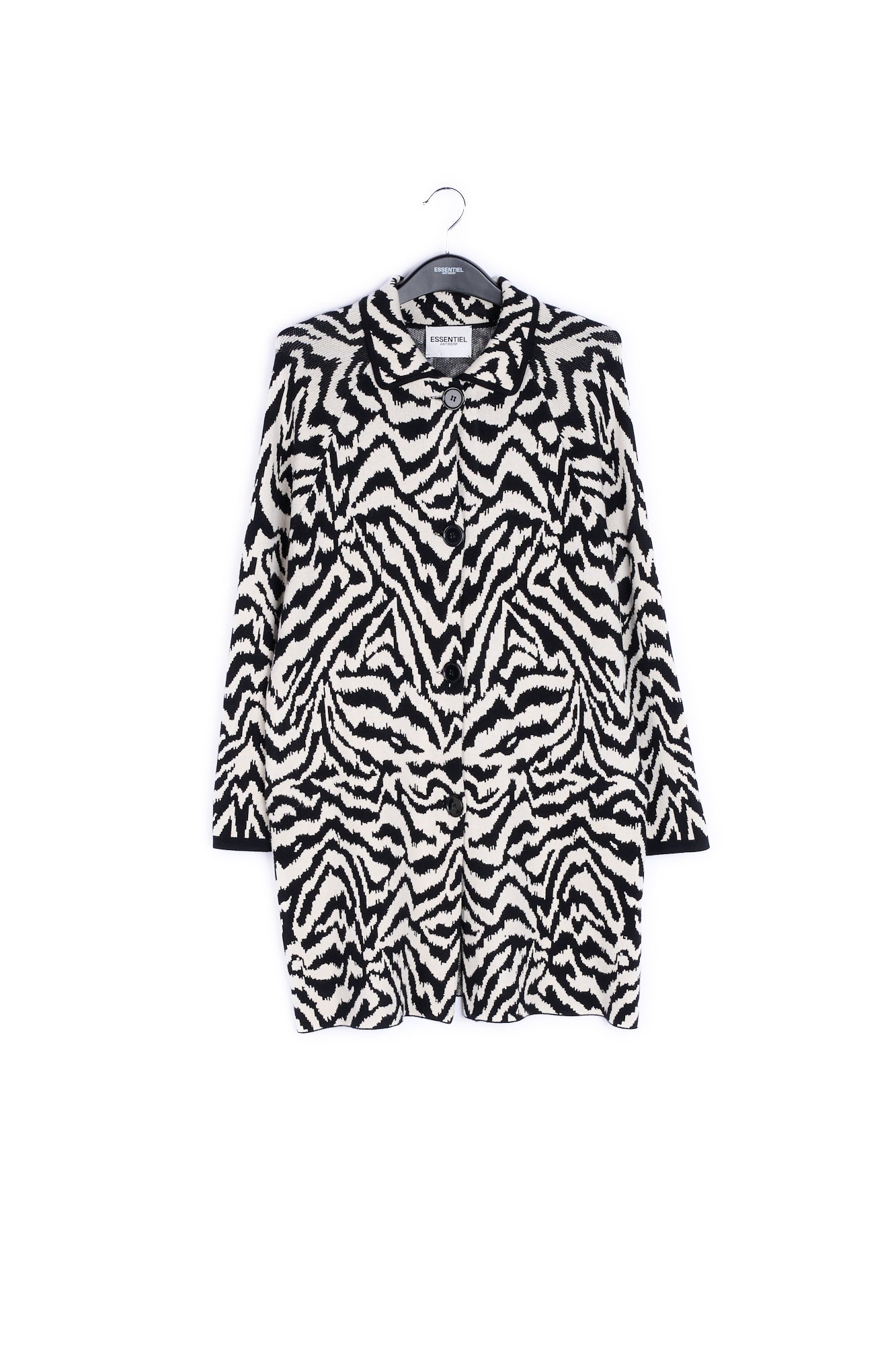 Long black and off-white jacquard coat with zebra motif RE—SSENTIEL | Essentiel second hand
