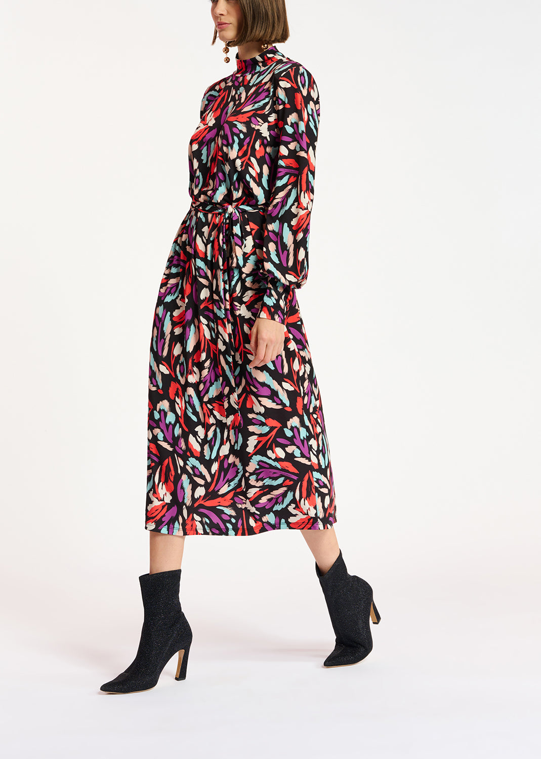 Midi-jurk in zwart, geel en lila stretch jersey RE—SSENTIEL | Essentiel second hand