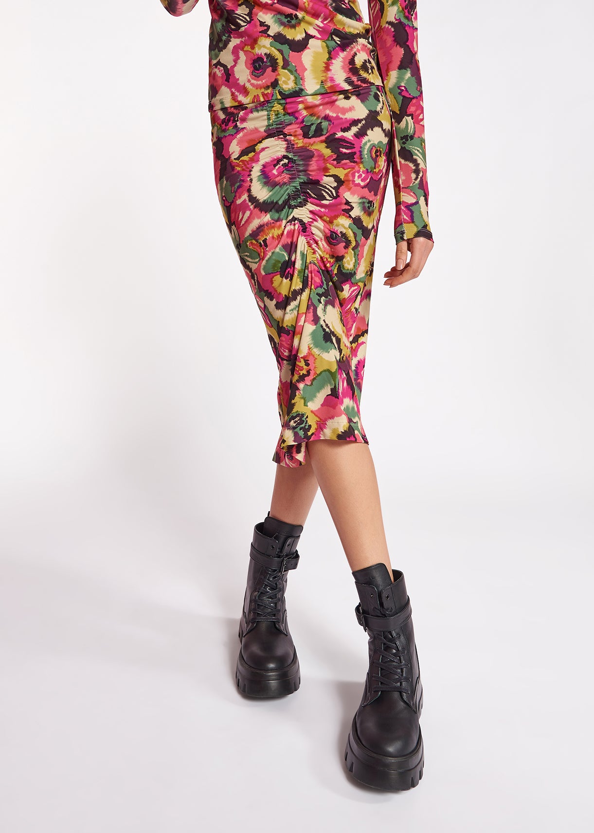 Midirok van stretch jersey met bloemen en ruches RE—SSENTIEL | Essentiel second hand