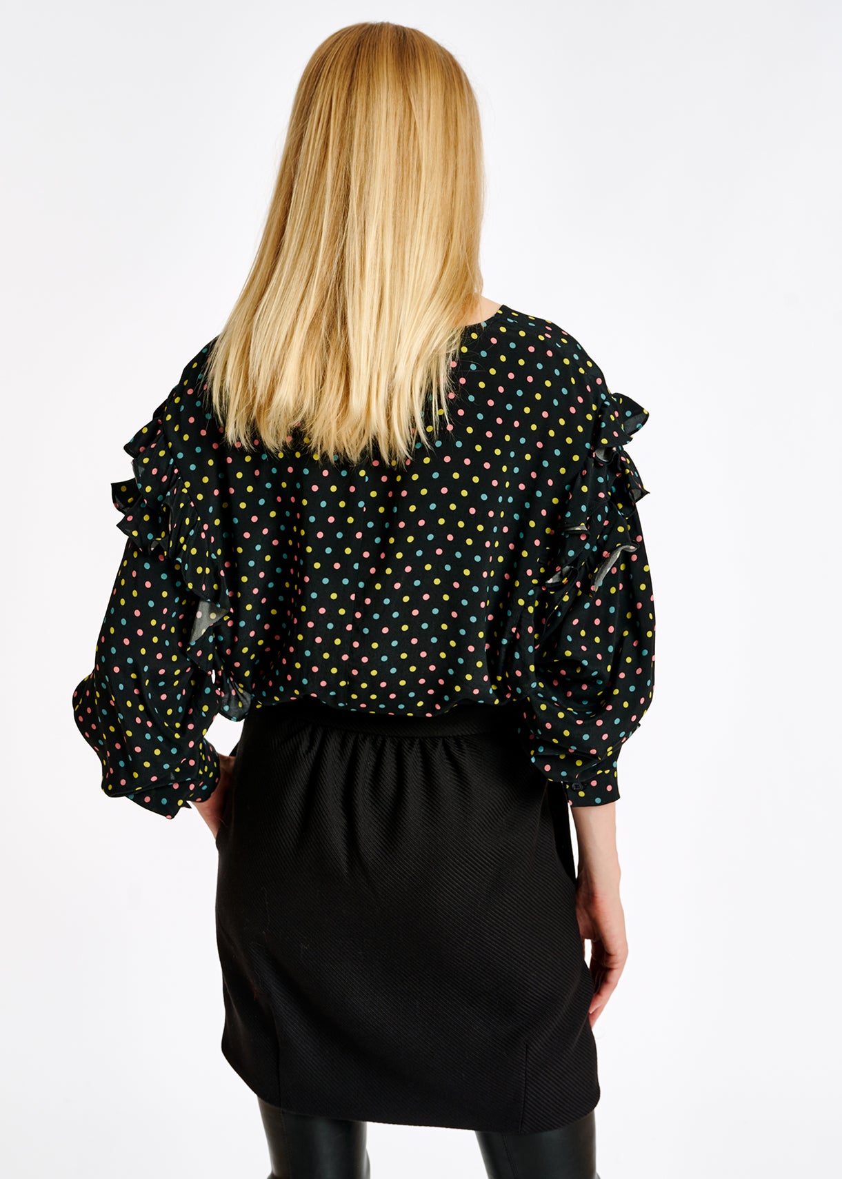 Zwarte top met ruches en stippen RE—SSENTIEL | Essentiel second hand