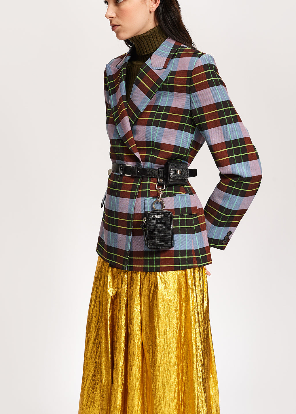 Veste croisée au motif tartan bleu pâle, bordeaux et noir RE—SSENTIEL | Essentiel second hand