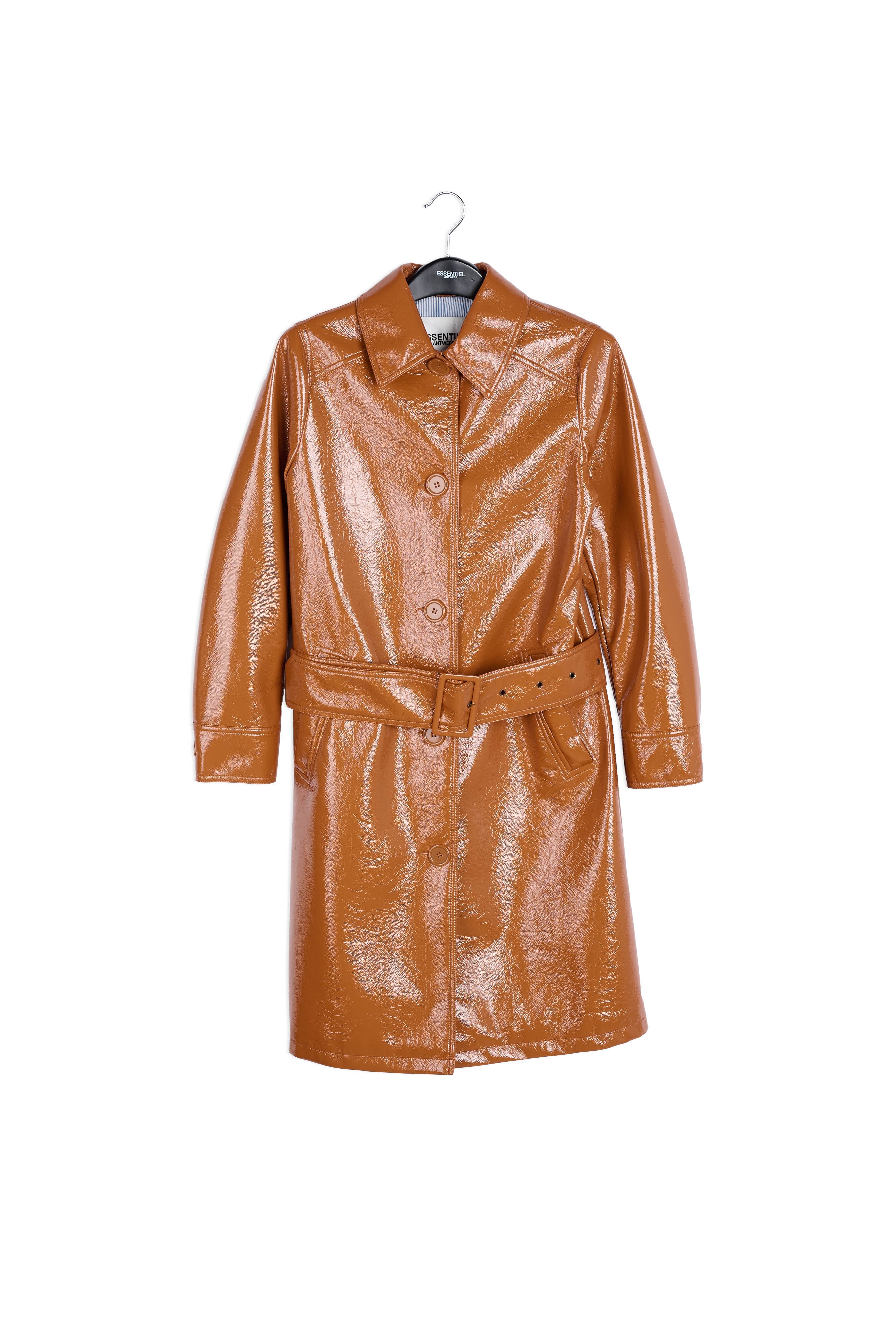 Brown faux patent-leather trench coat RE—SSENTIEL | Essentiel second hand