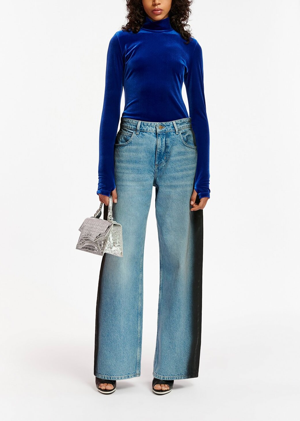 Blue stretch-velvet long-sleeved top RE—SSENTIEL | Essentiel second hand