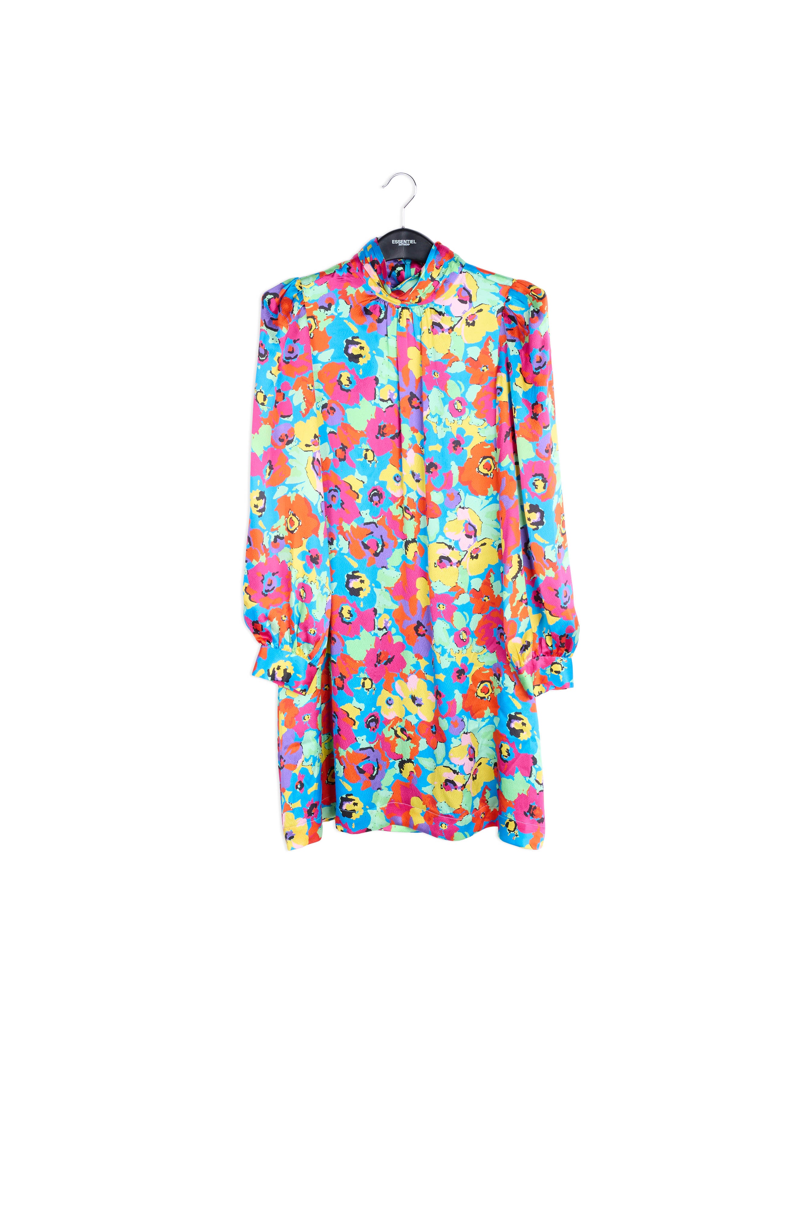 Marineblauwe zijden mini-jurk met bloemenprint RE—SSENTIEL | Essentiel second hand