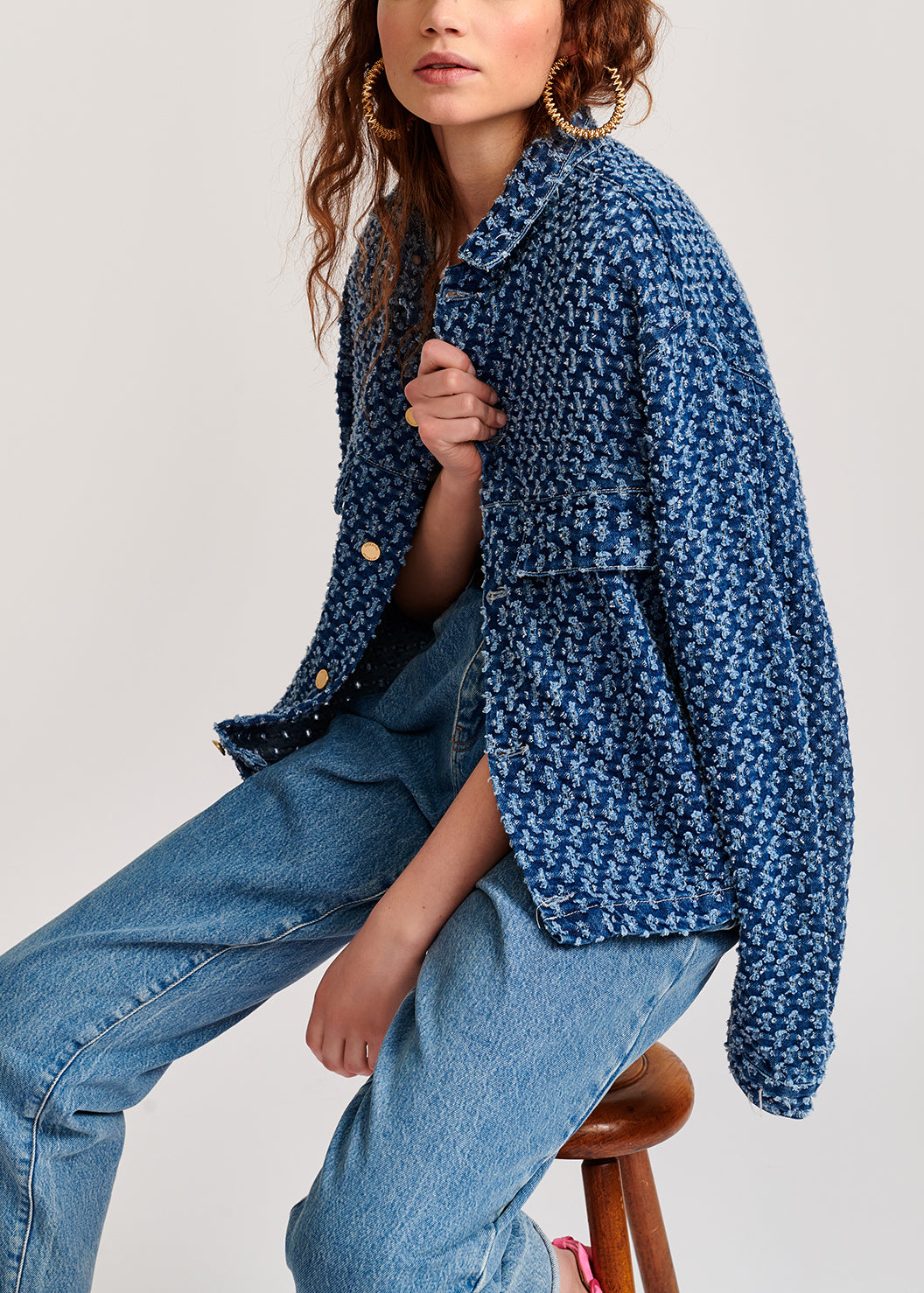 Dark blue perforated oversized denim jacket RE—SSENTIEL | Essentiel second hand
