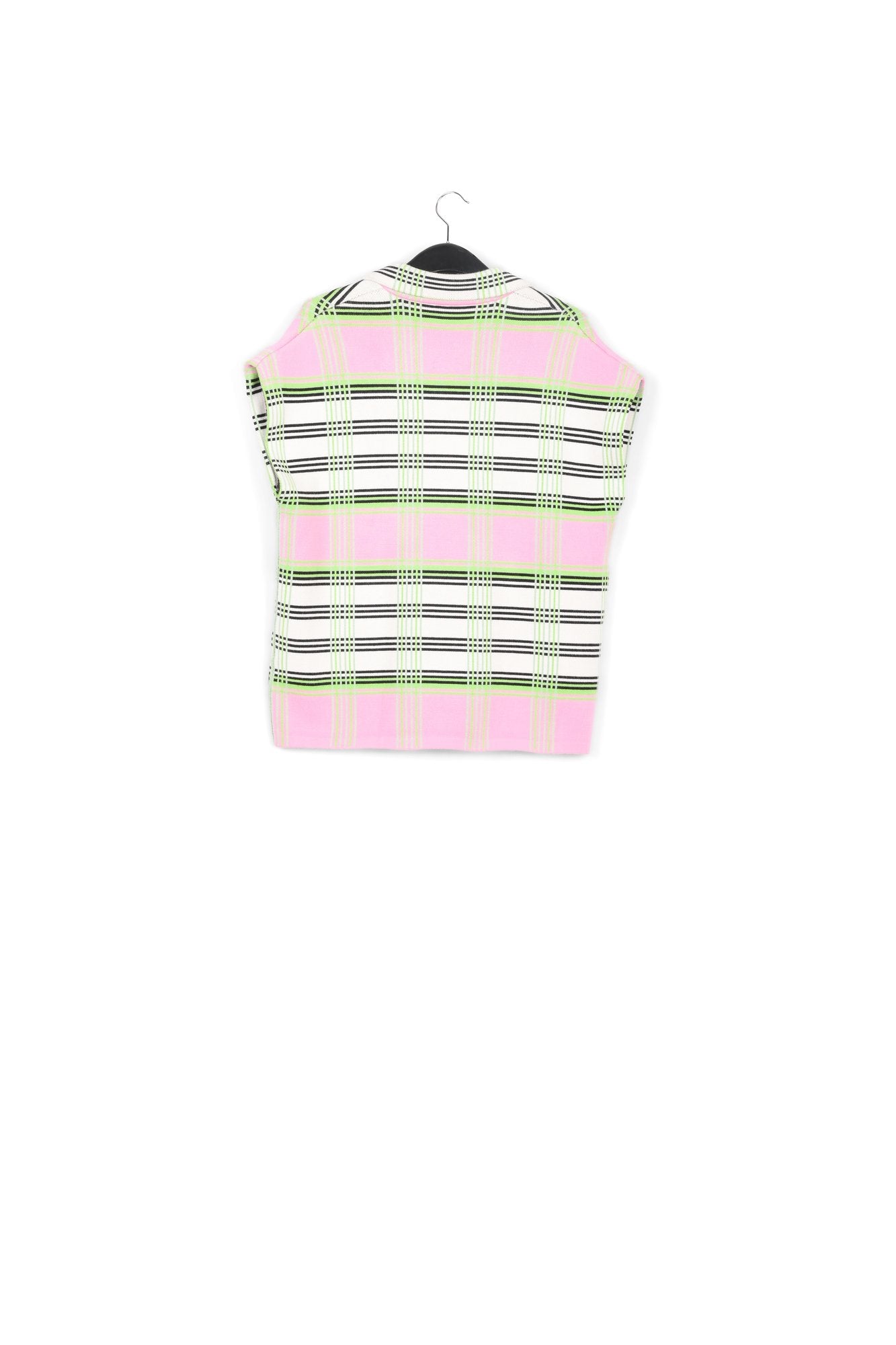 Off-white, pink and green checked sleeveless cardigan RE—SSENTIEL | Essentiel second hand