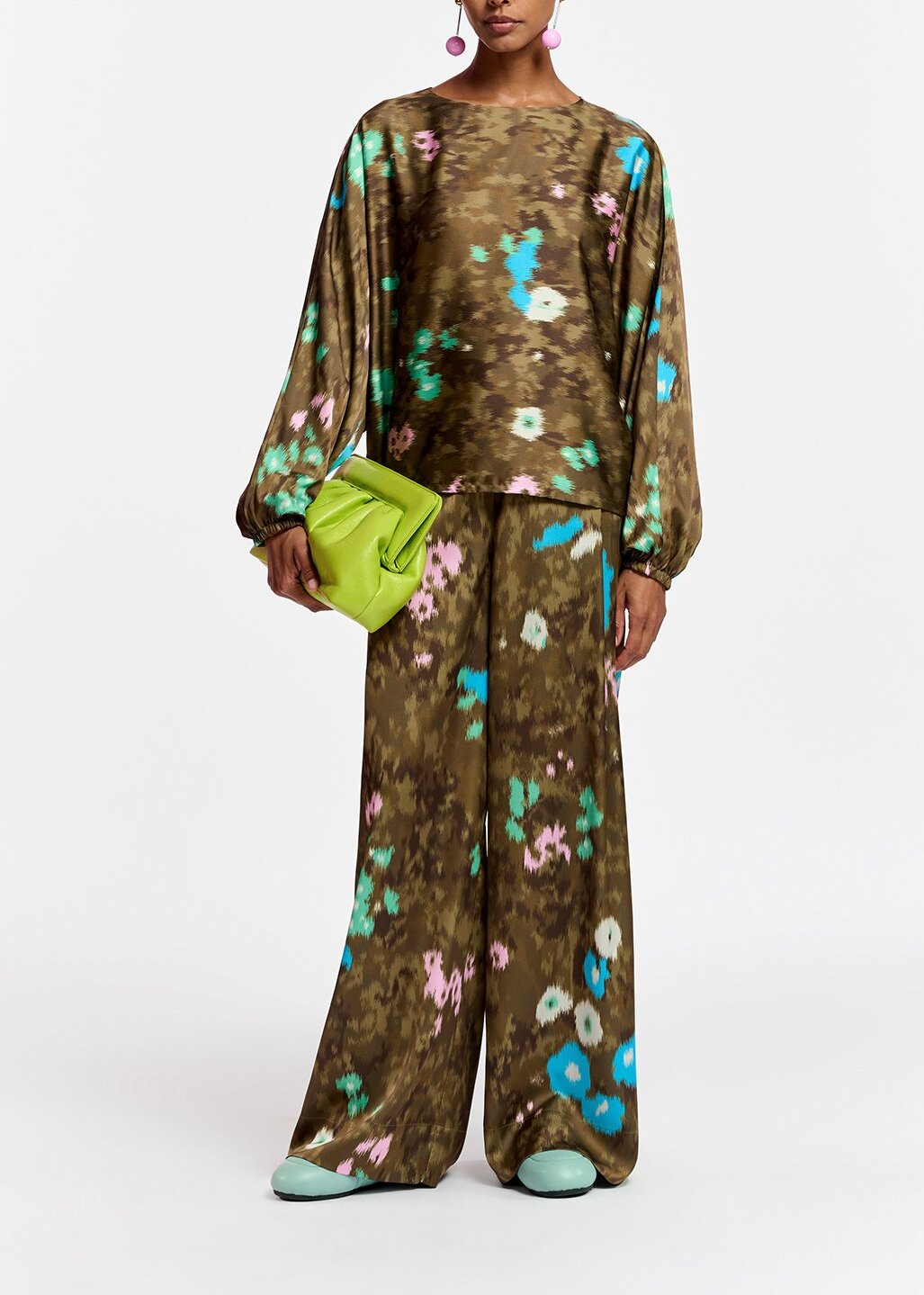 Khaki batwing-sleeve top with floral print RE—SSENTIEL | Essentiel second hand