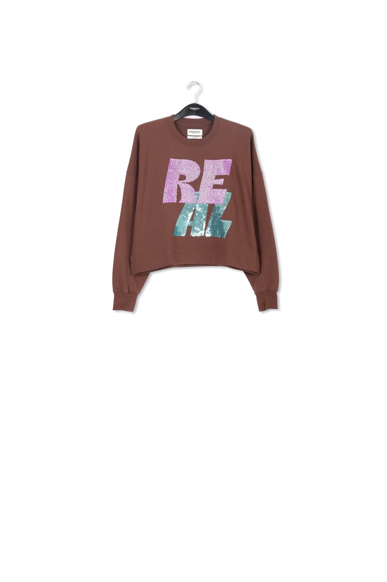 Brown sweatshirt with bead and sequin-embellished text print RE—SSENTIEL | Essentiel second hand