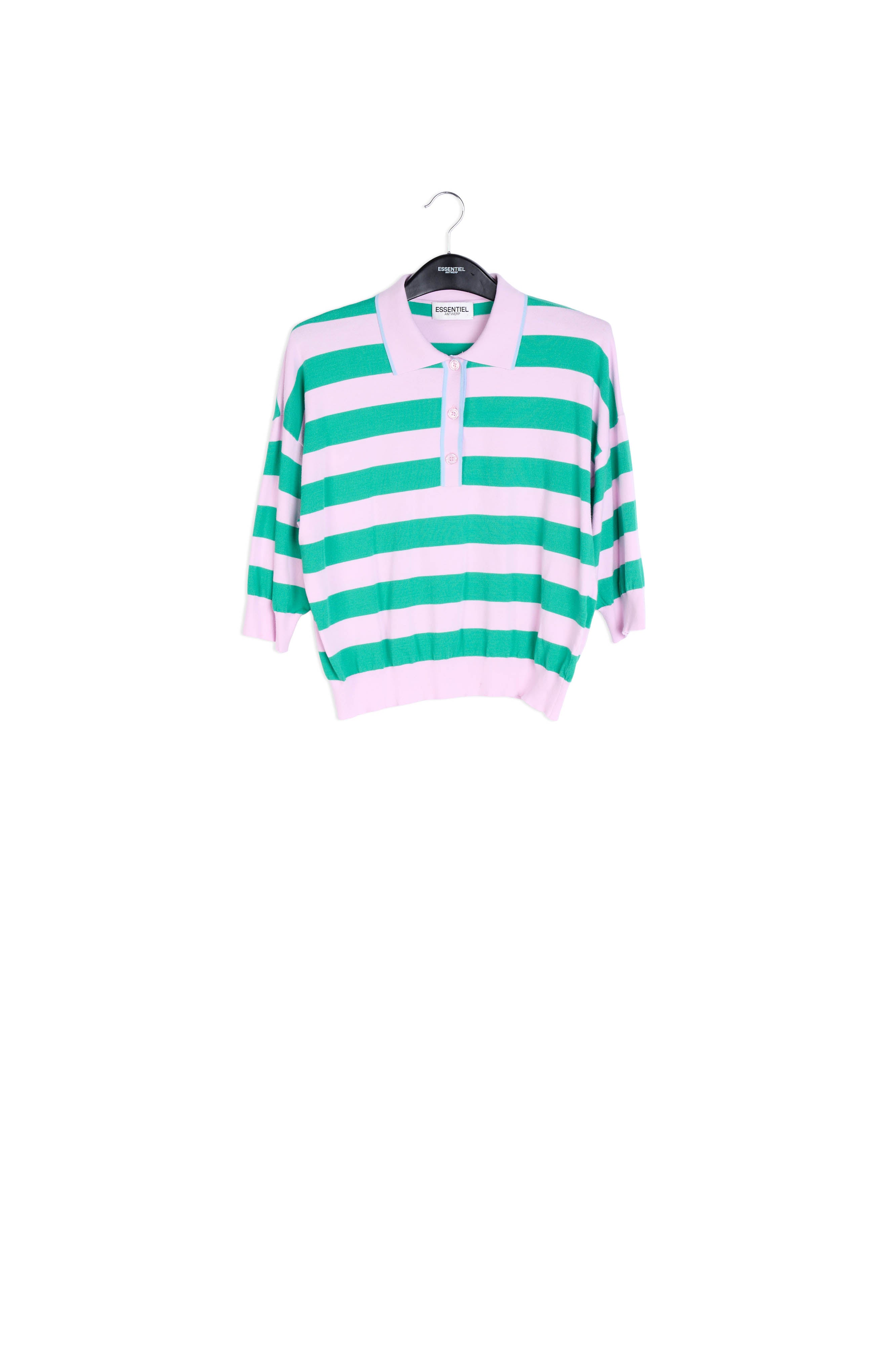 Light pink and green striped knitted polo top RE—SSENTIEL | Essentiel second hand