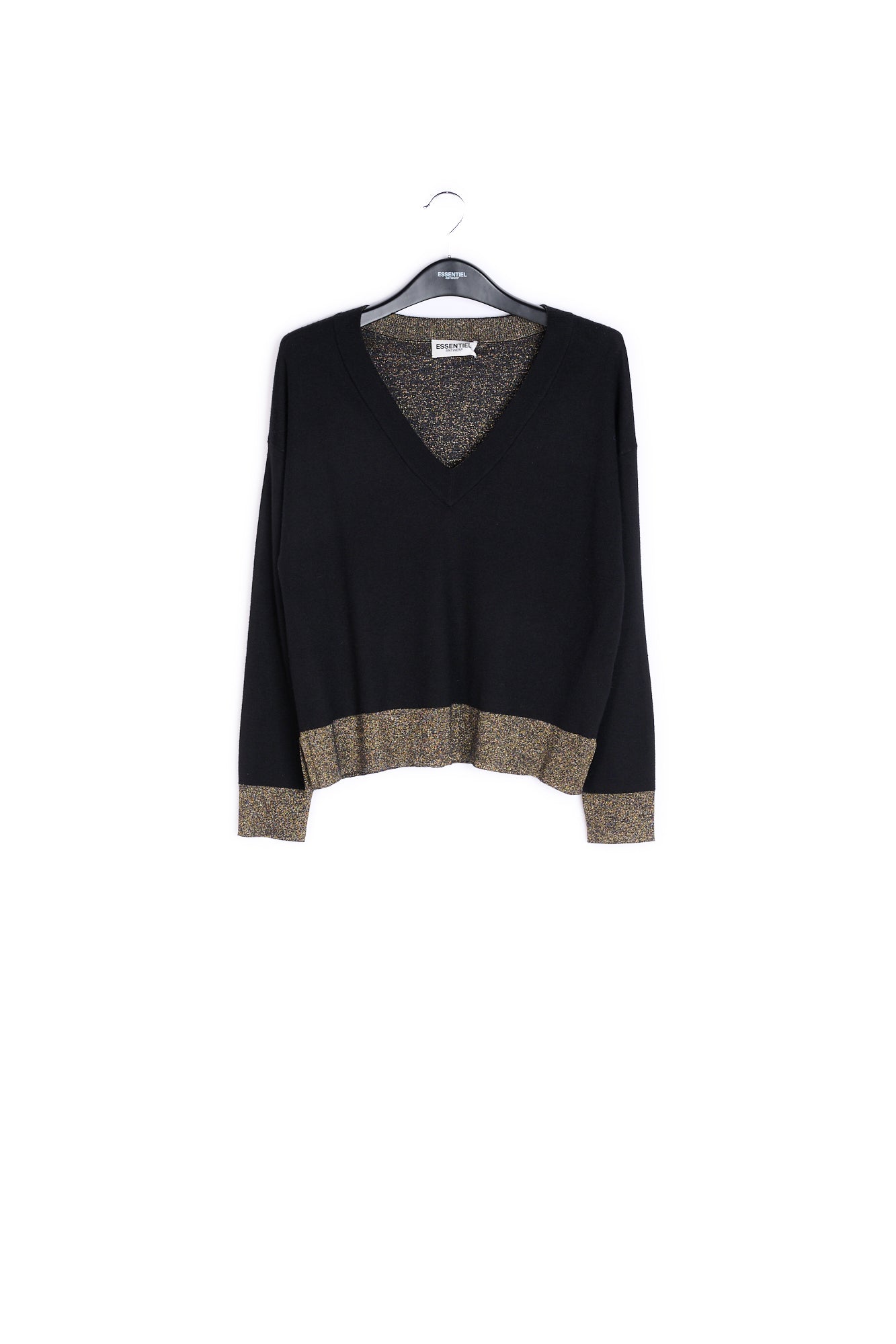 Black and gold v-neck boxy sweater RE—SSENTIEL | Essentiel second hand