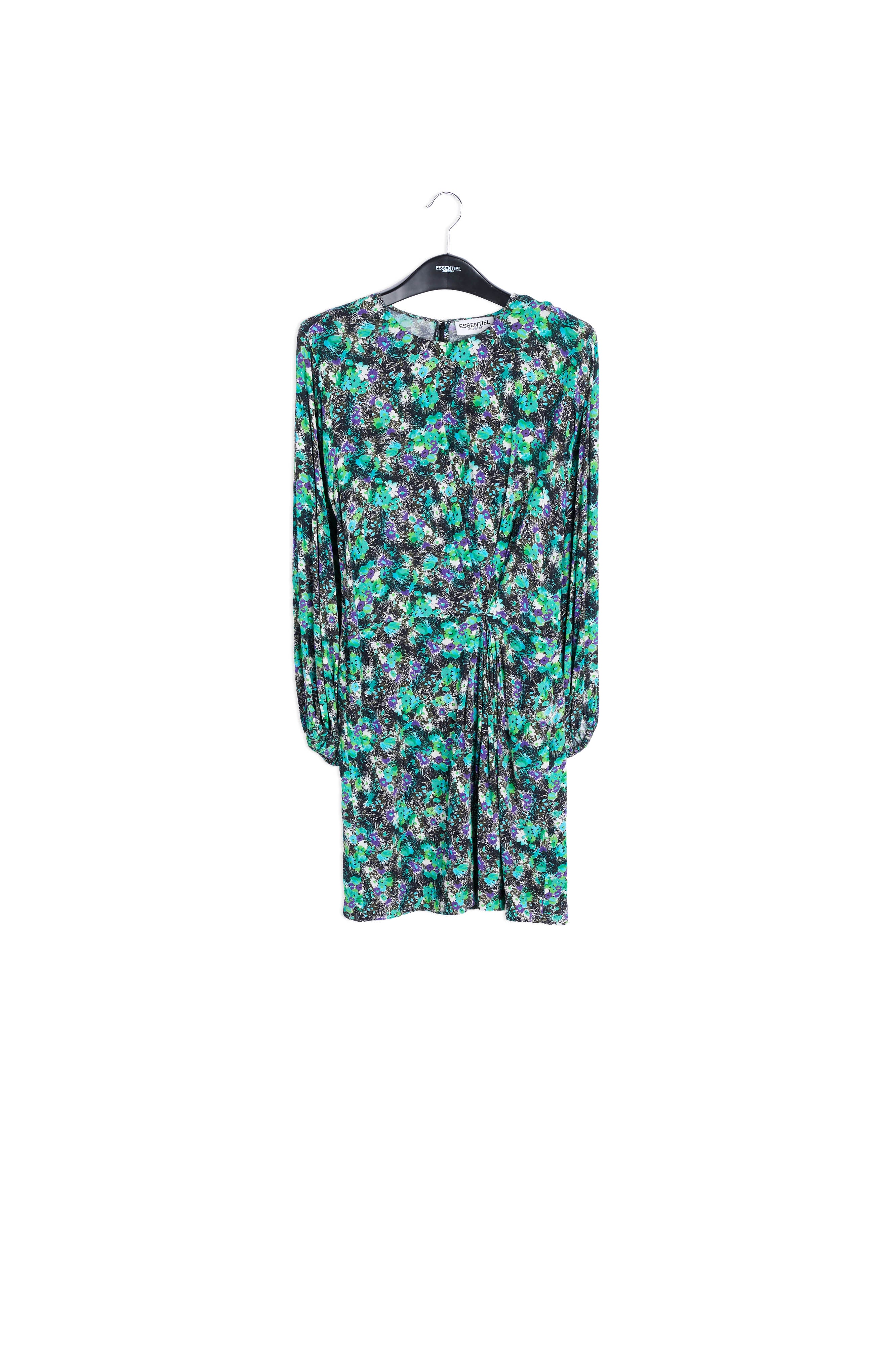 Zwarte en blauwe mini-jurk met bloemenprint RE—SSENTIEL | Essentiel second hand