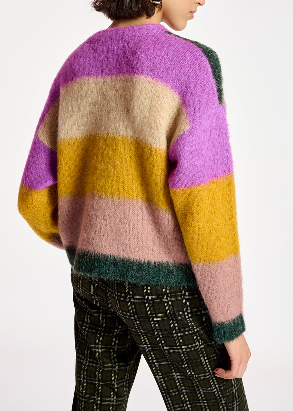 Pull en tricot intarsia pourpre, vert foncé et rose vintage RE—SSENTIEL | Essentiel second hand