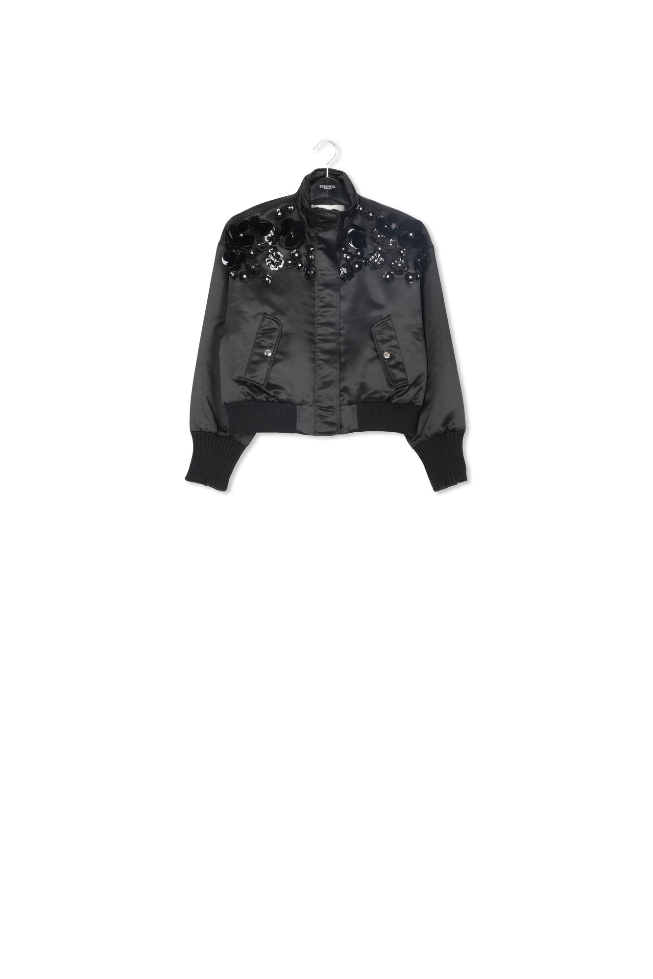 Black satin bomber jacket with sequin embellishments RE—SSENTIEL | Essentiel second hand