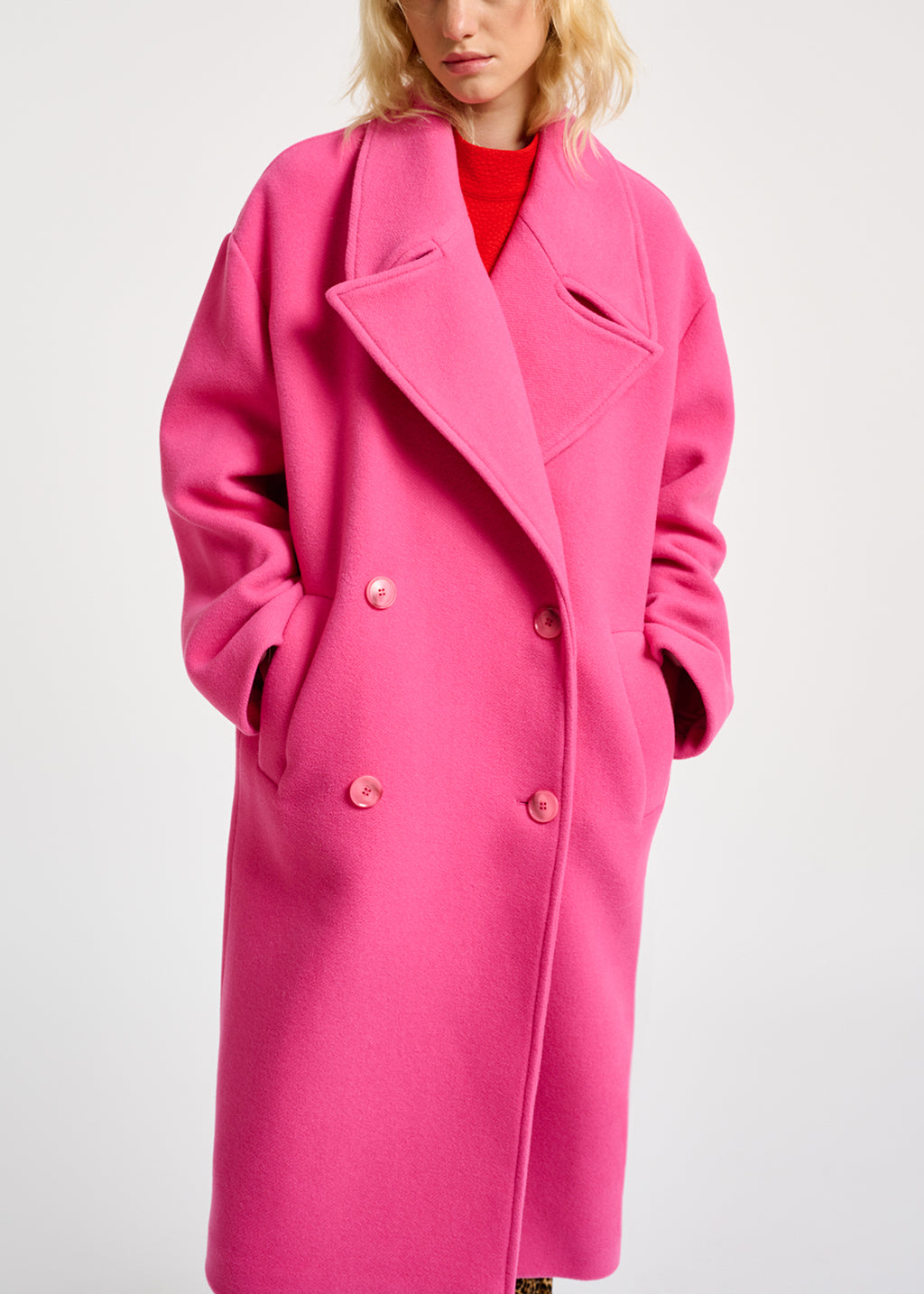 Manteau rose néon à double boutonnage en laine mélangée RE—SSENTIEL | Essentiel second hand