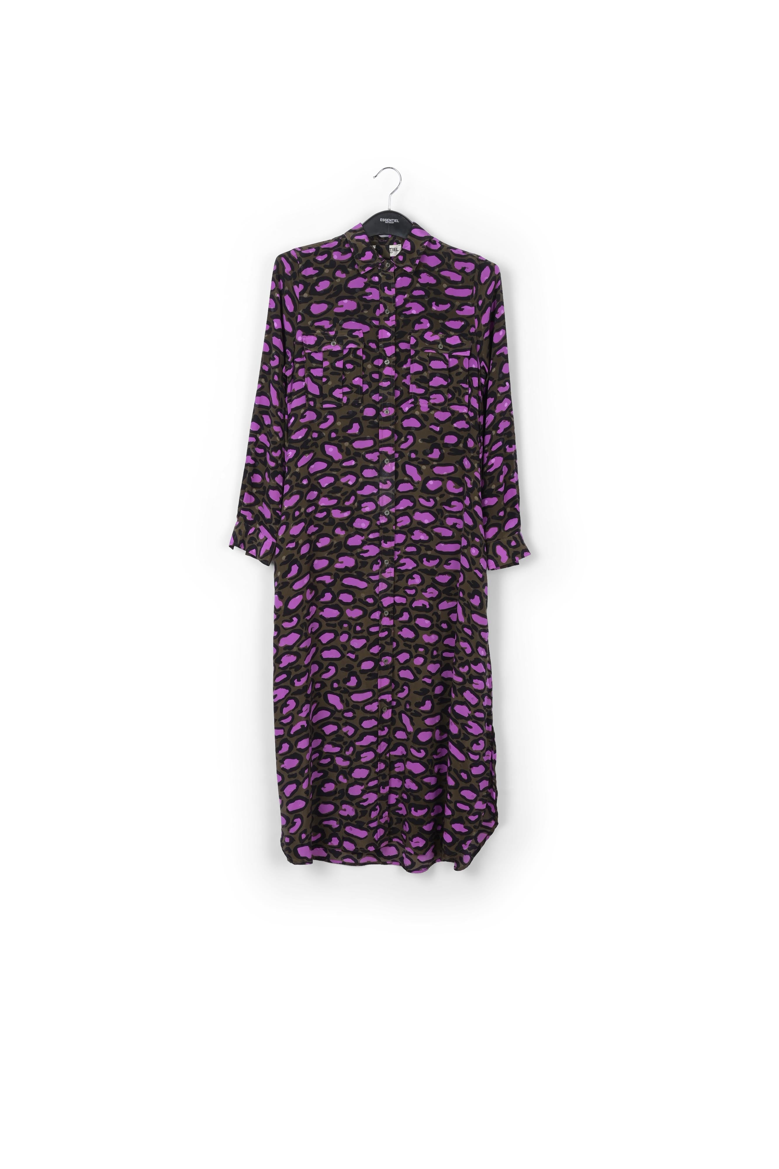 Robe chemise en soie vert kaki à imprimé léopard RE—SSENTIEL | Essentiel second hand