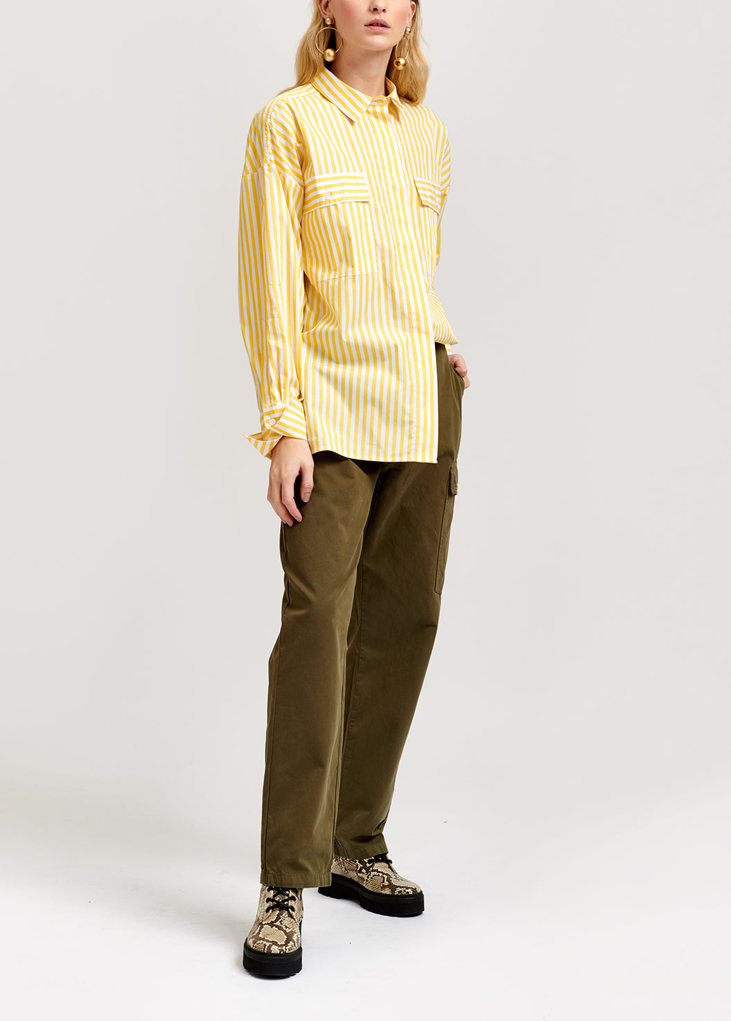 White and yellow striped oversized cotton shirt RE—SSENTIEL | Essentiel second hand