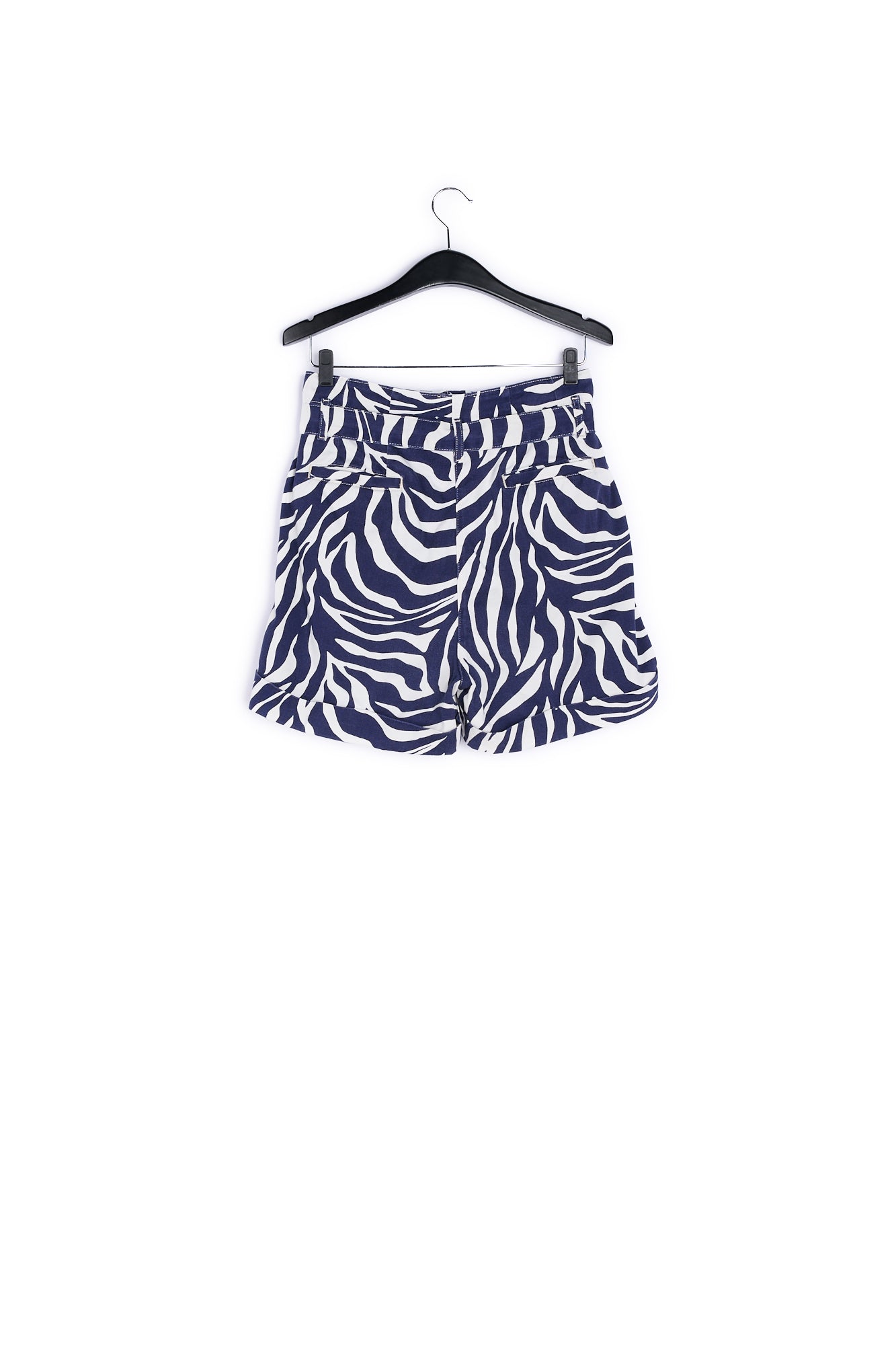Off-white and navy blue zebra-print belted denim shorts RE—SSENTIEL | Essentiel second hand