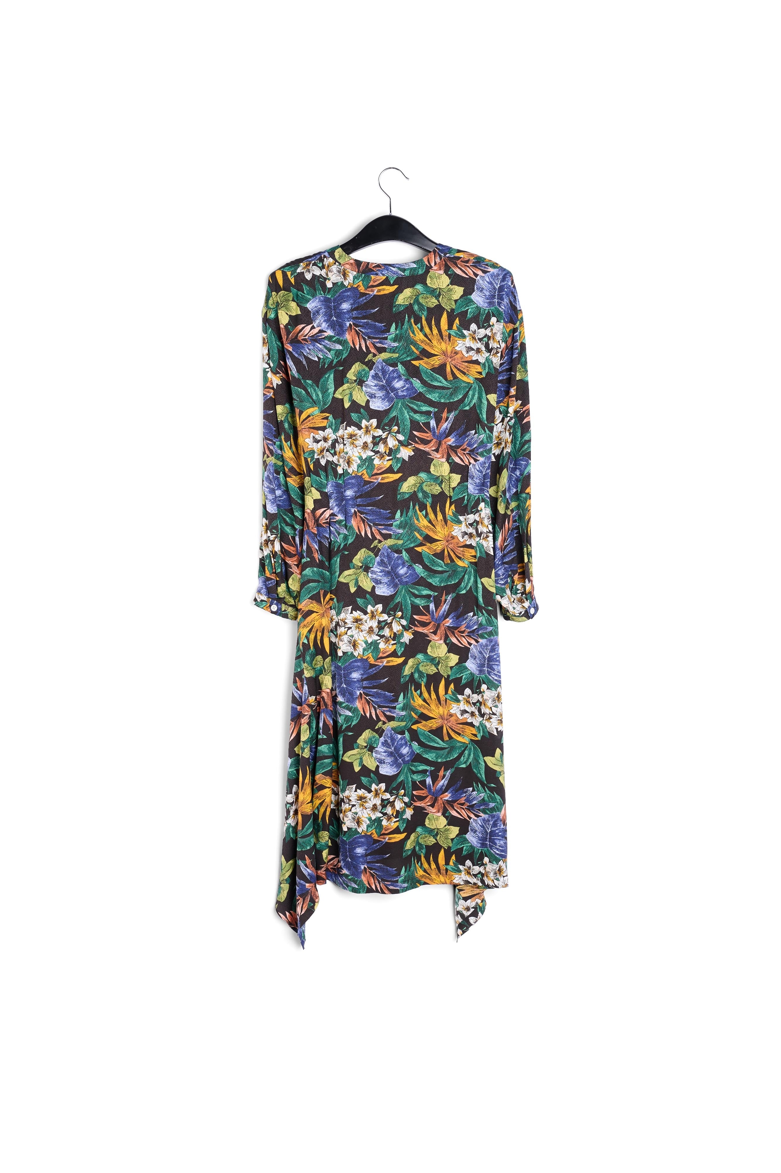 Groene, blauwe en oranje midi-jurk met bloemen RE—SSENTIEL | Essentiel second hand