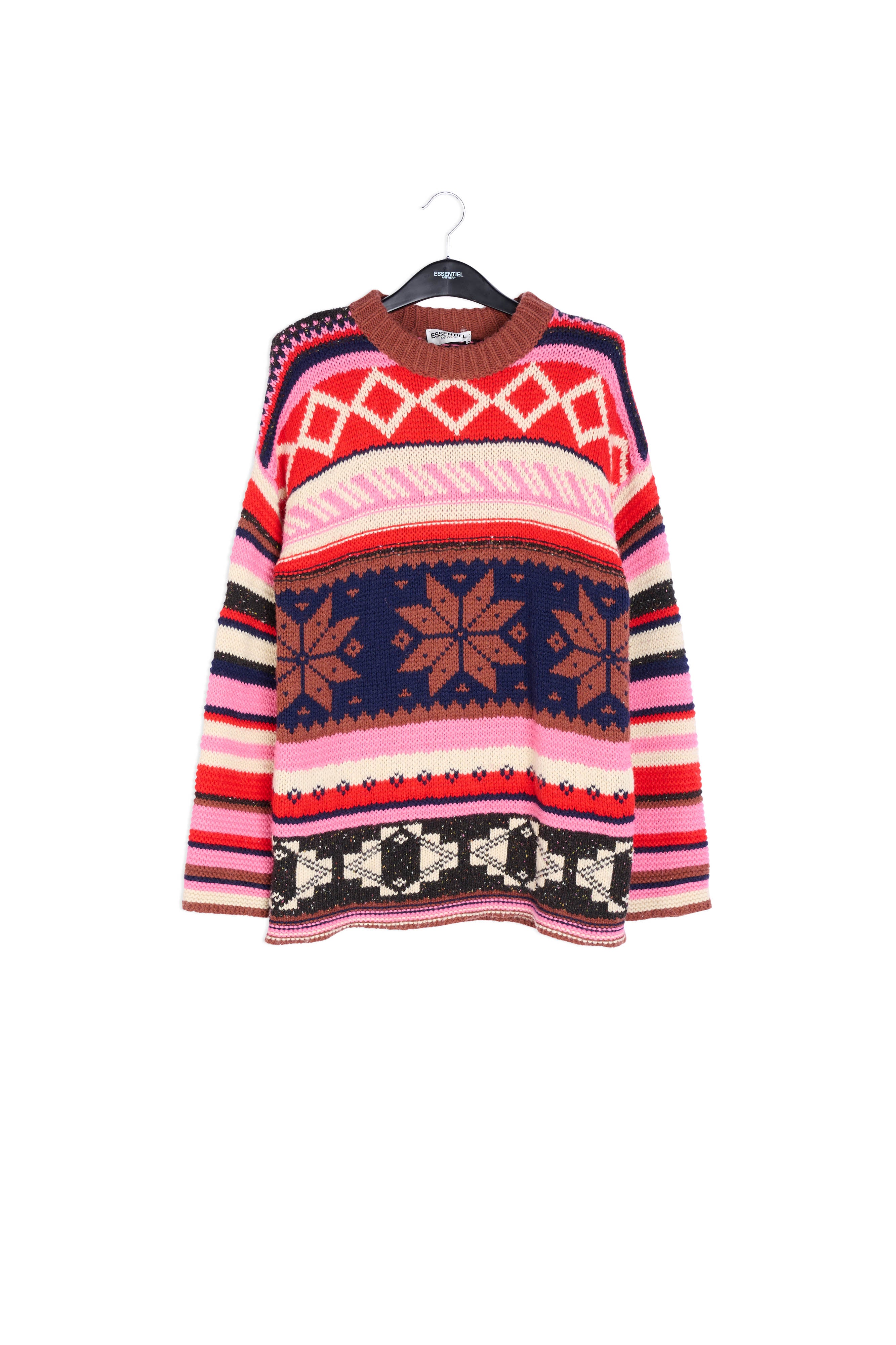 Pull rouge, rose et noir avec flocons de neige RE—SSENTIEL | Essentiel second hand