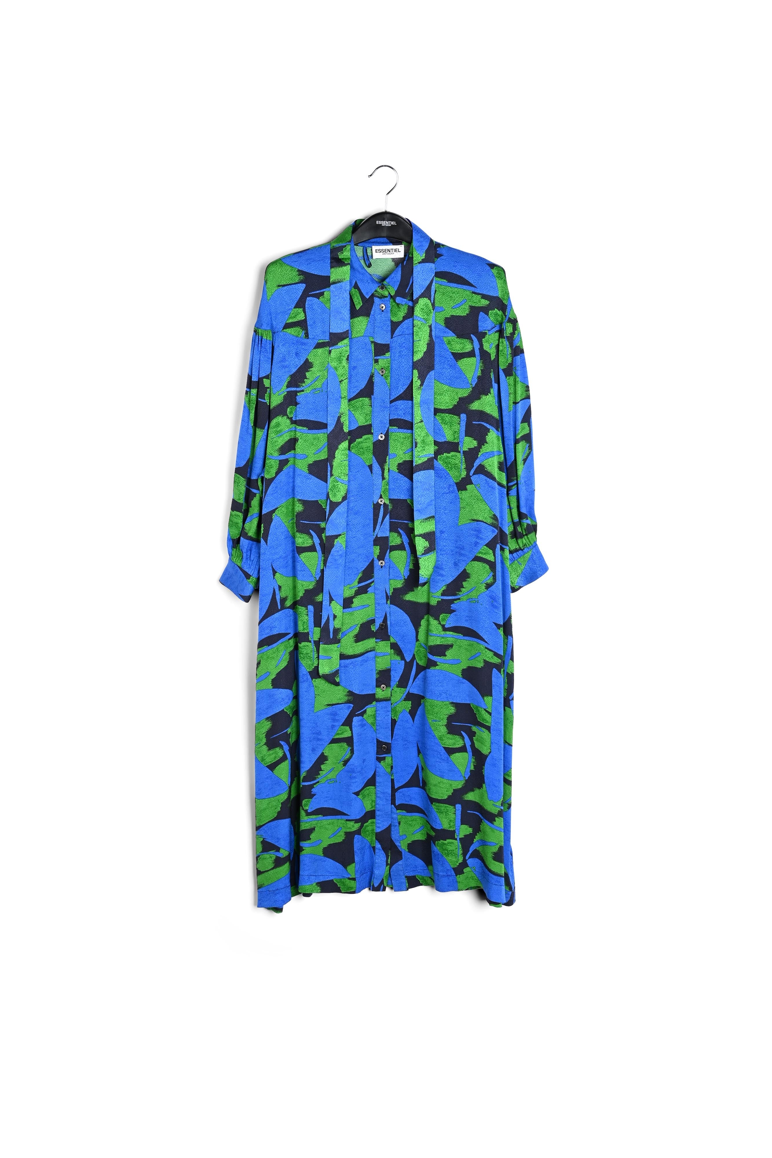 Midi-jurk met abstracte print in blauw, zwart en groen RE—SSENTIEL | Essentiel second hand
