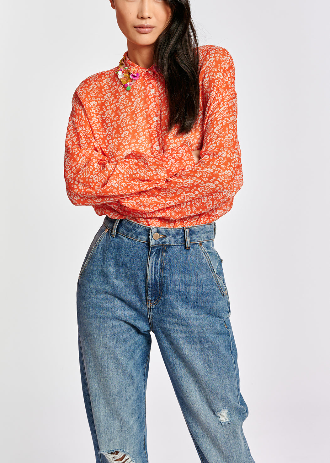 Orange floral-print shirt with sequin collar RE—SSENTIEL | Essentiel second hand