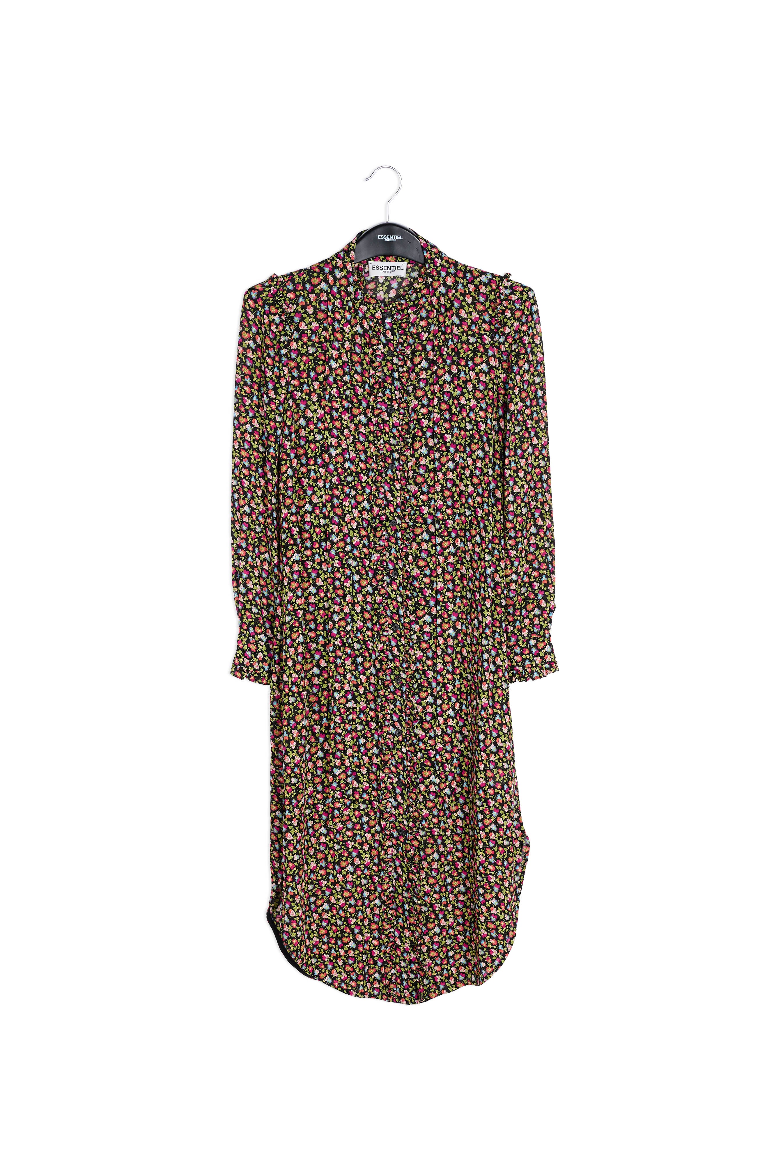 Hemdjurk met ruches en zwarte, lichtgroene en fuchsia bloemenprint RE—SSENTIEL | Essentiel second hand