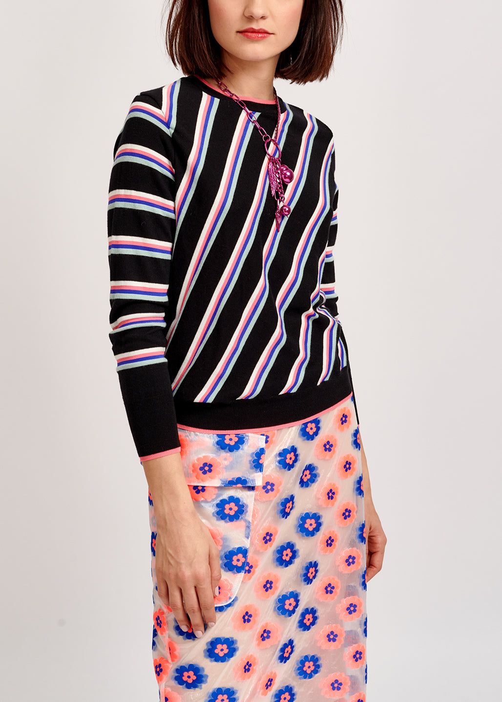 Jupe fourreau transparente à fleurs rose fluo et bleu RE—SSENTIEL | Essentiel second hand