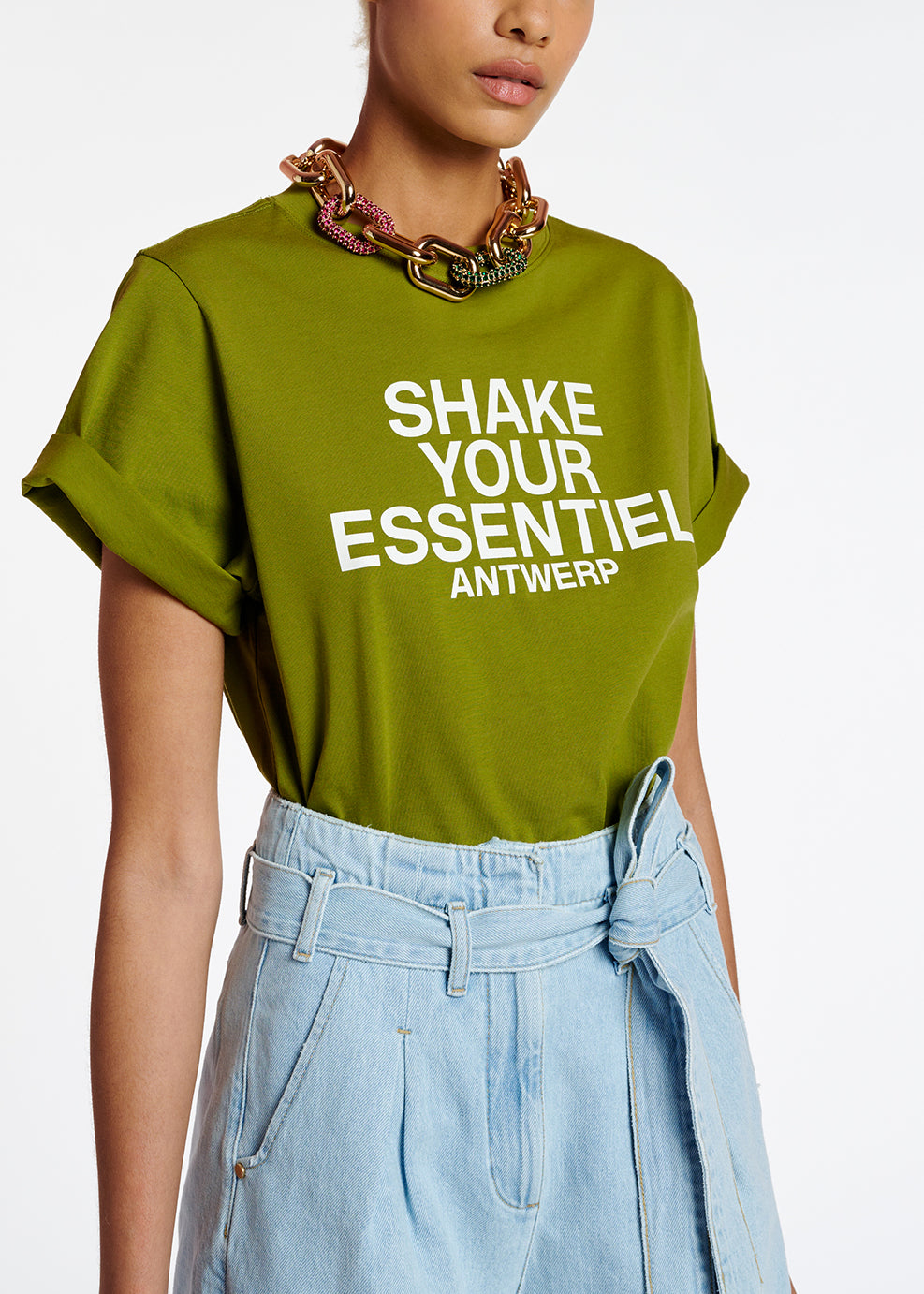 Khaki green 'Shake your Essentiel Antwerp' T-shirt RE—SSENTIEL | Essentiel second hand