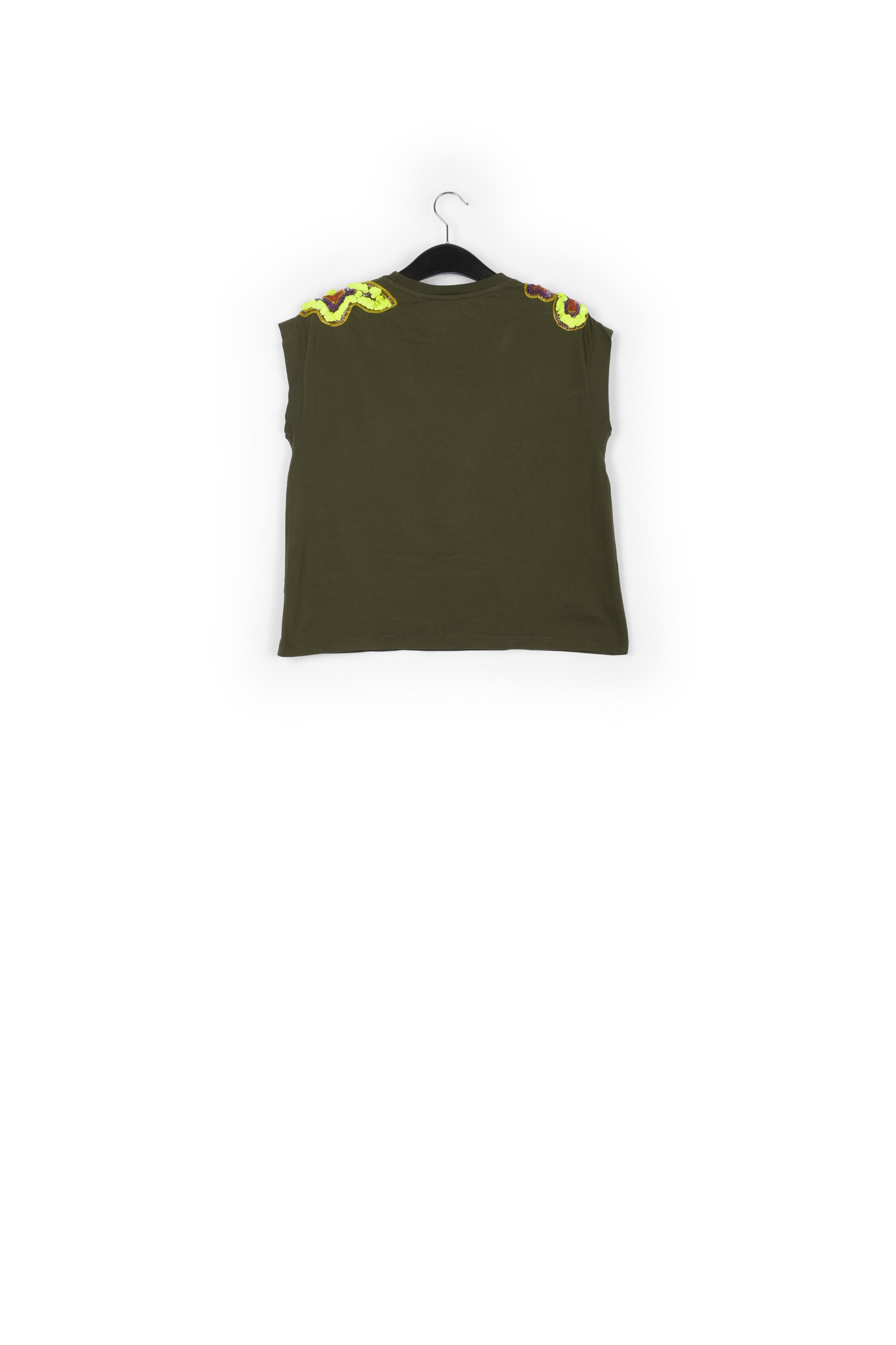 Khaki T-shirt with embellished cap sleeves RE—SSENTIEL | Essentiel second hand